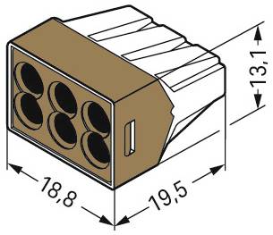 Technical diagram of a connector with dimensions: 18.8 mm width, 19.5 mm depth, and 13.1 mm height, featuring six circular ports.