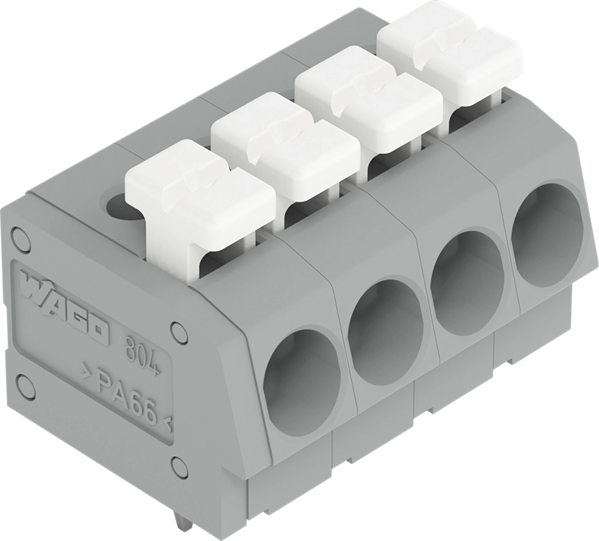 Ein graues vierpoliges Elektro-Klemmleistenblock mit weißen Hebeln, gekennzeichnet mit 