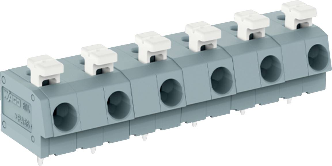 Eine Reihe von elektrischen Reihenklemmen mit sechs Anschlüssen in einem hellblauen Gehäuse, jede mit einem weißen Hebel für die Drahtverbindung ausgestattet.