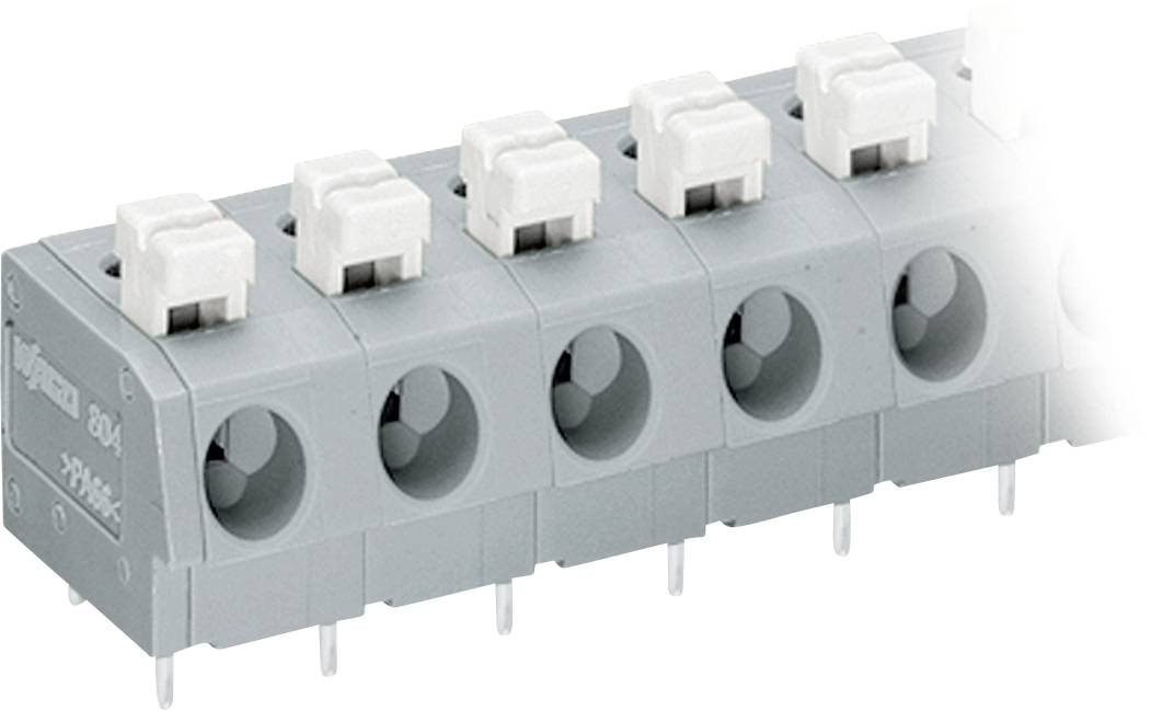 Ein grauer Elektrosteckverbinder-Block mit mehreren Anschlussplätzen und weißen Klammern oben zum Sichern von Drähten.