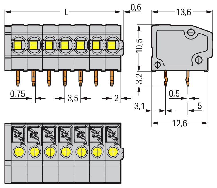 Technisches Schaltschema eines 7-poligen elektrischen Steckers. Enthält Ober-, Seiten- und Vorderansichten mit detaillierten Abmessungen in Millimetern.