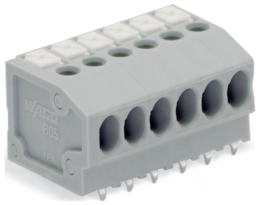 Ein sechspoliger, grauer Elektroklemmenblock mit Druckknopfverbindern für einfaches und sicheres Verdrahten.