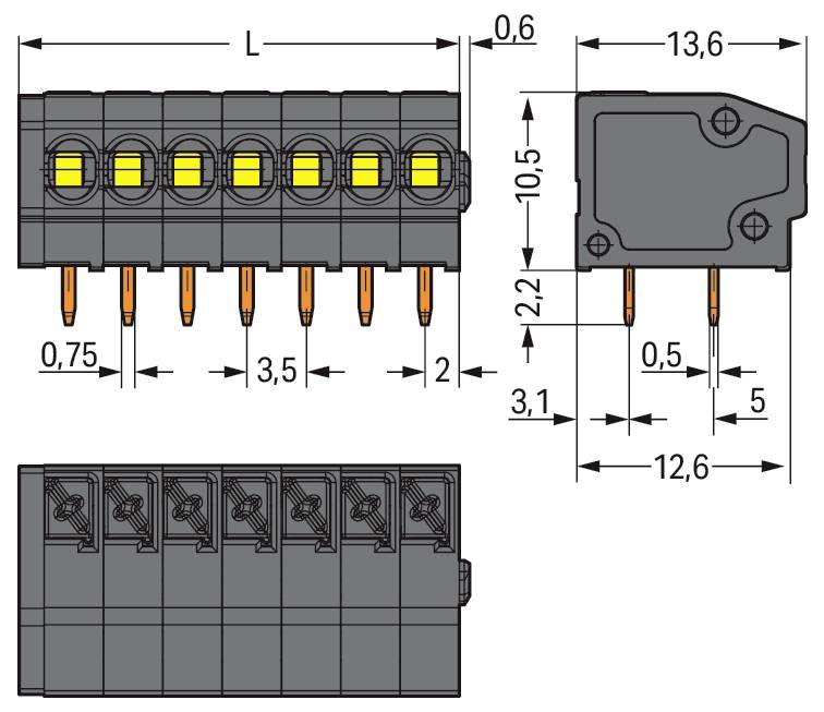 Elektrischer Steckerdiagramm mit Draufsicht, Seitenansicht und Vorderansicht. Abmessungen beschriftet: 13,6 mm Breite, 12,6 mm Tiefe und verschiedene Stiftabstände.