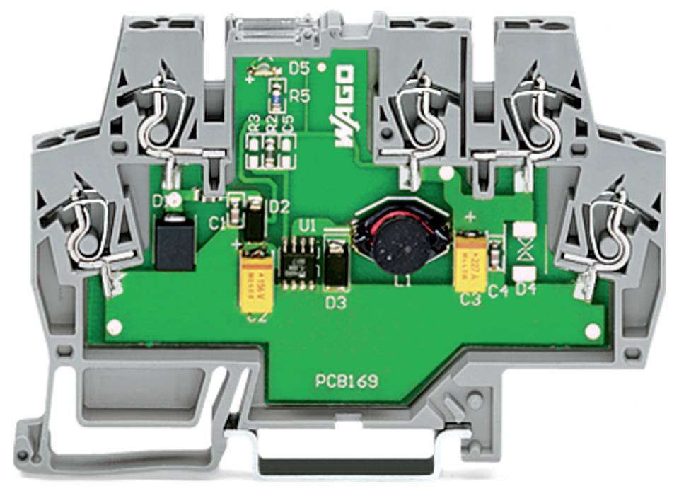 Grüne Leiterplatte mit elektronischen Bauteilen und Steckverbindern, beschriftet mit WAGO, auf einer grauen Kunststoffbasis montiert. Modell PCB169.