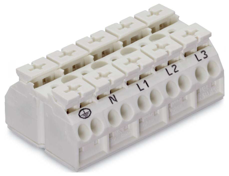 Ein weißer elektrischer Anschlussblock mit beschrifteten Klemmen 'N', 'L1', 'L2' und 'L3', der für Verdrahtungsverbindungen verwendet wird.