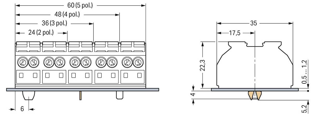 Diagramm mit den Abmessungen einer Klemmenleiste. Vorderansicht: Breite liegt zwischen 24 und 60 mm. Seitenansicht: Höhe beträgt 22,3 mm, Breite beträgt 35 mm.