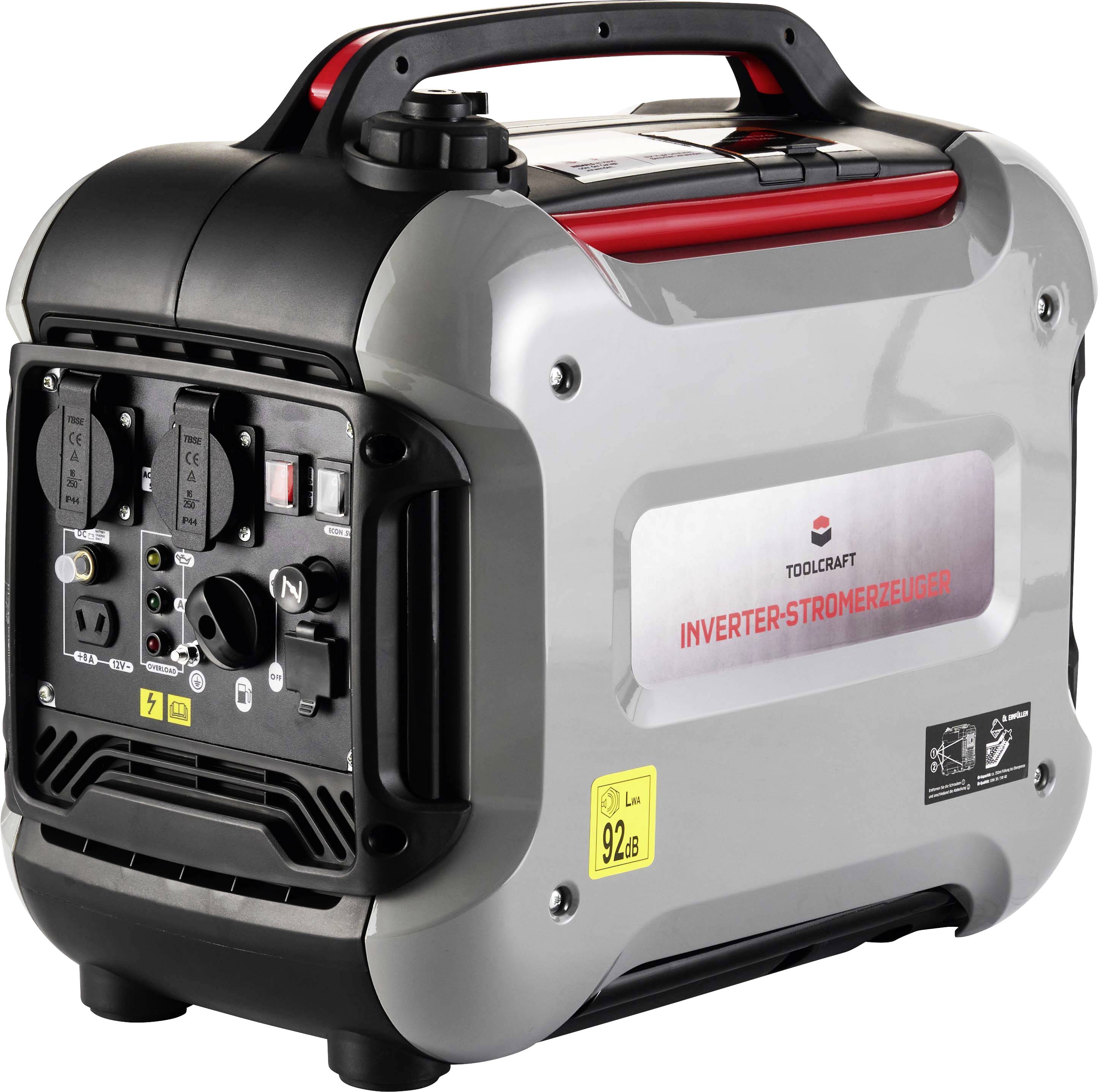 Tragbarer Toolcraft-Inverter-Generator mit Tragegriff, Steckdosen und Bedienfeld, gezeigt in grauem und schwarzem Gehäuse