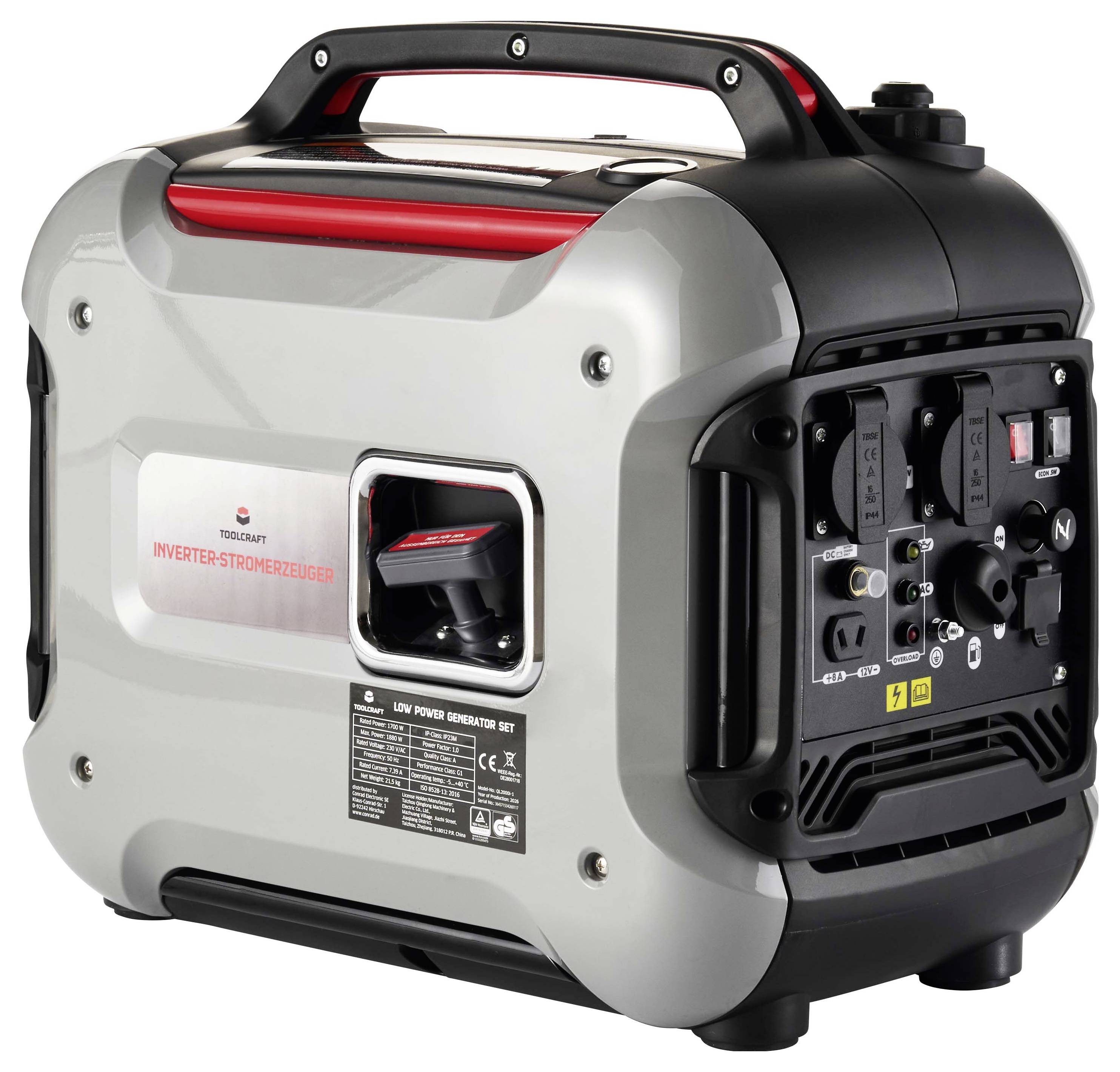 Tragbarer Inverter-Generator in einem grau-schwarzen Koffer, dargestellt mit Griff, Bedienfeld und Anschlussanschlüssen.