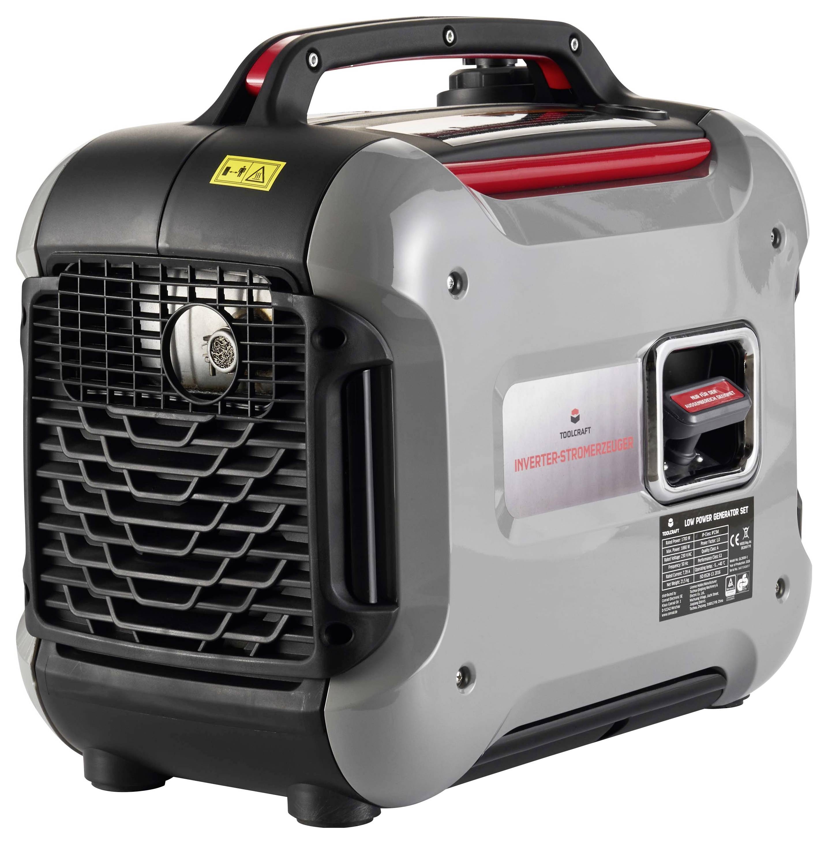 Tragbarer Inverter-Generator mit Griff, schwarz-grauem Gehäuse, frontaler Lüftungsöffnung und Bedienfeld an der Seite.