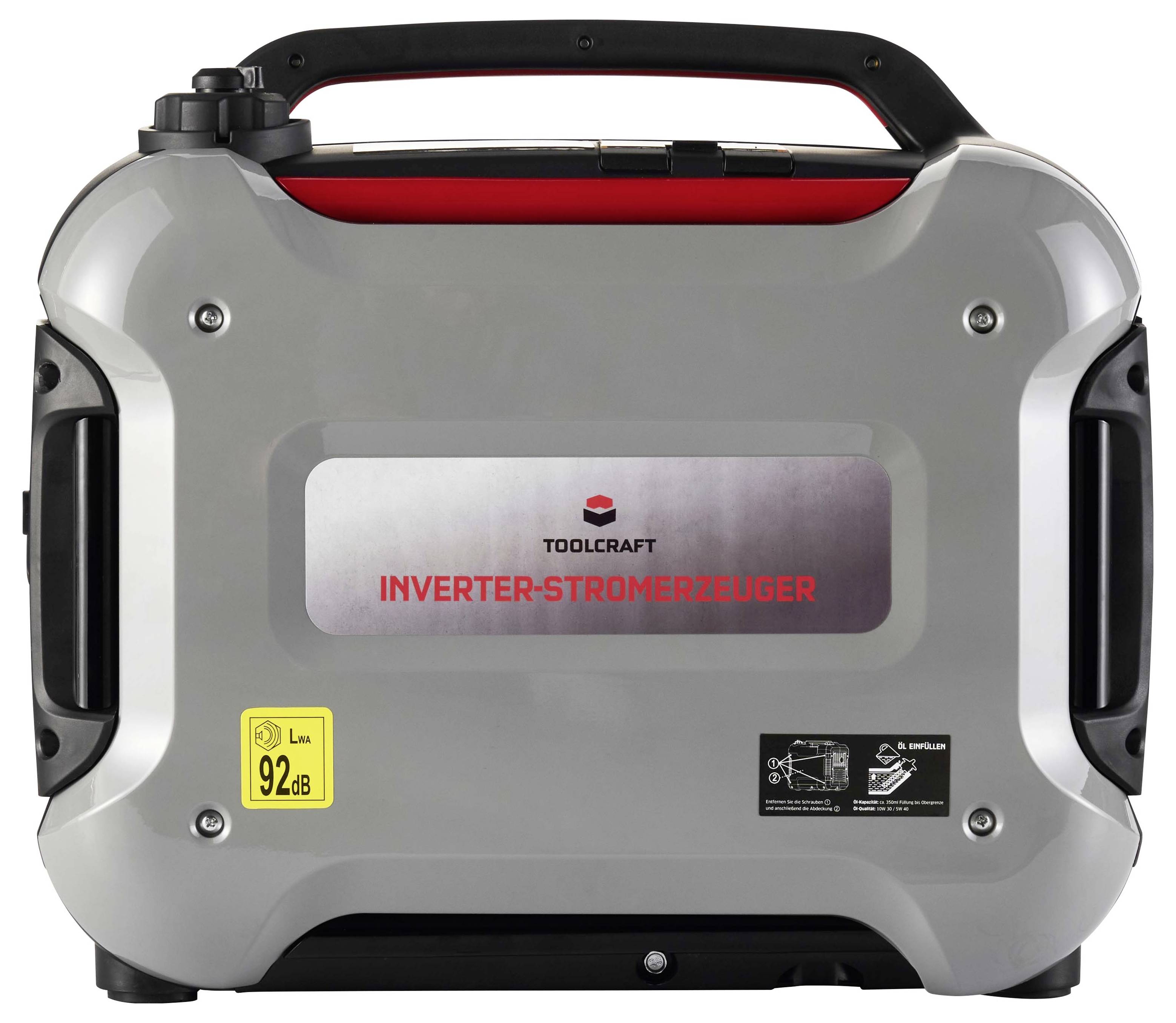 Tragbarer Toolcraft Inverter-Generator mit Griff, grauem und schwarzem Gehäuse, mit der Bezeichnung „INVERTER-STROMERZEUGER
