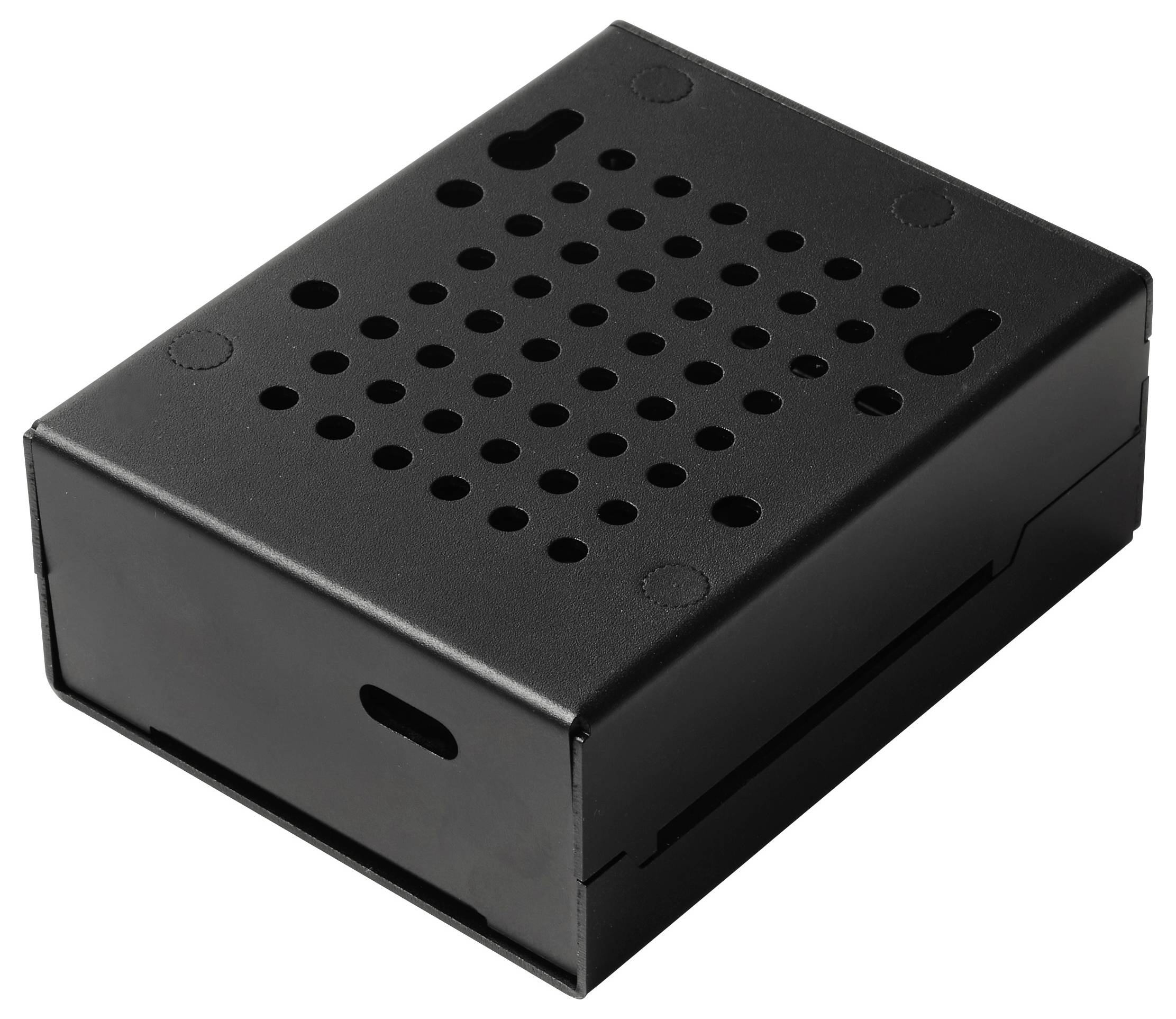 Ein schwarzes, rechteckiges Elektronik-Gehäuse mit Belüftungslöchern auf der Oberseite und Befestigungsschlitzen auf der Rückseite.