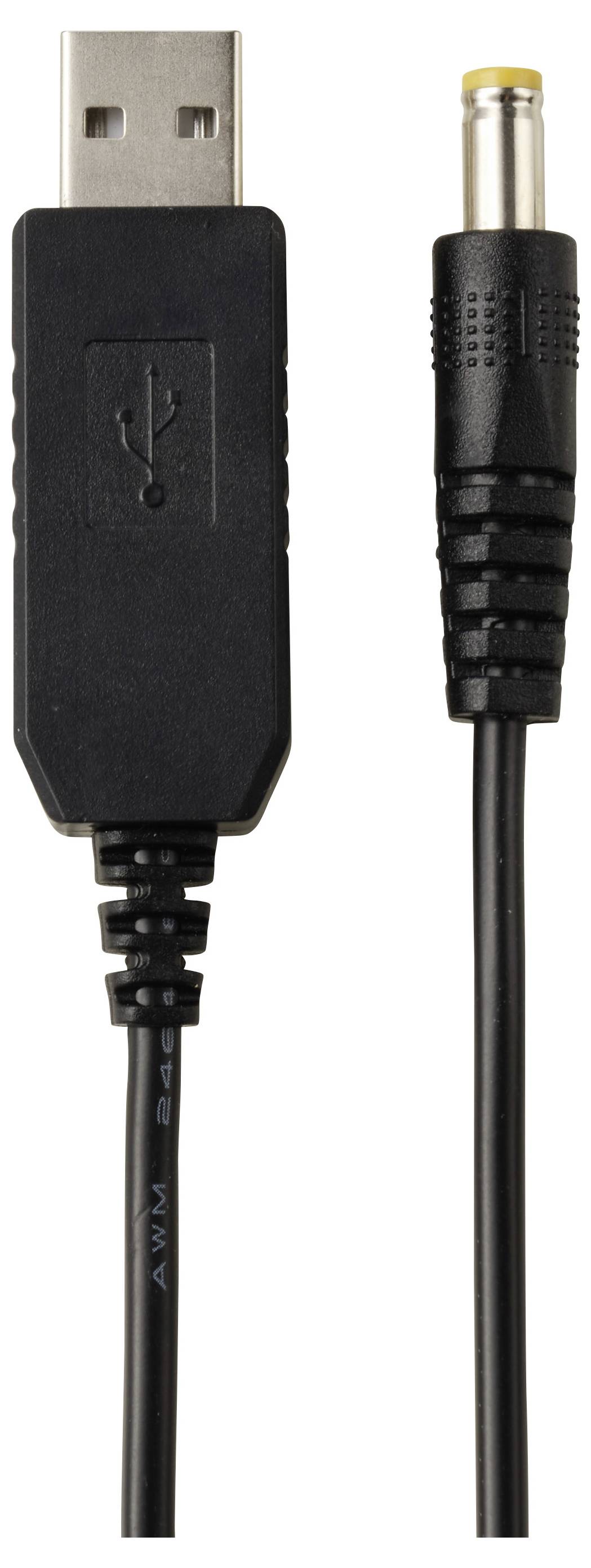 USB-zu-Rundstecker-Stromadapterkabel mit männlichem USB-Stecker auf der linken Seite und Hohlstecker auf der rechten Seite.
