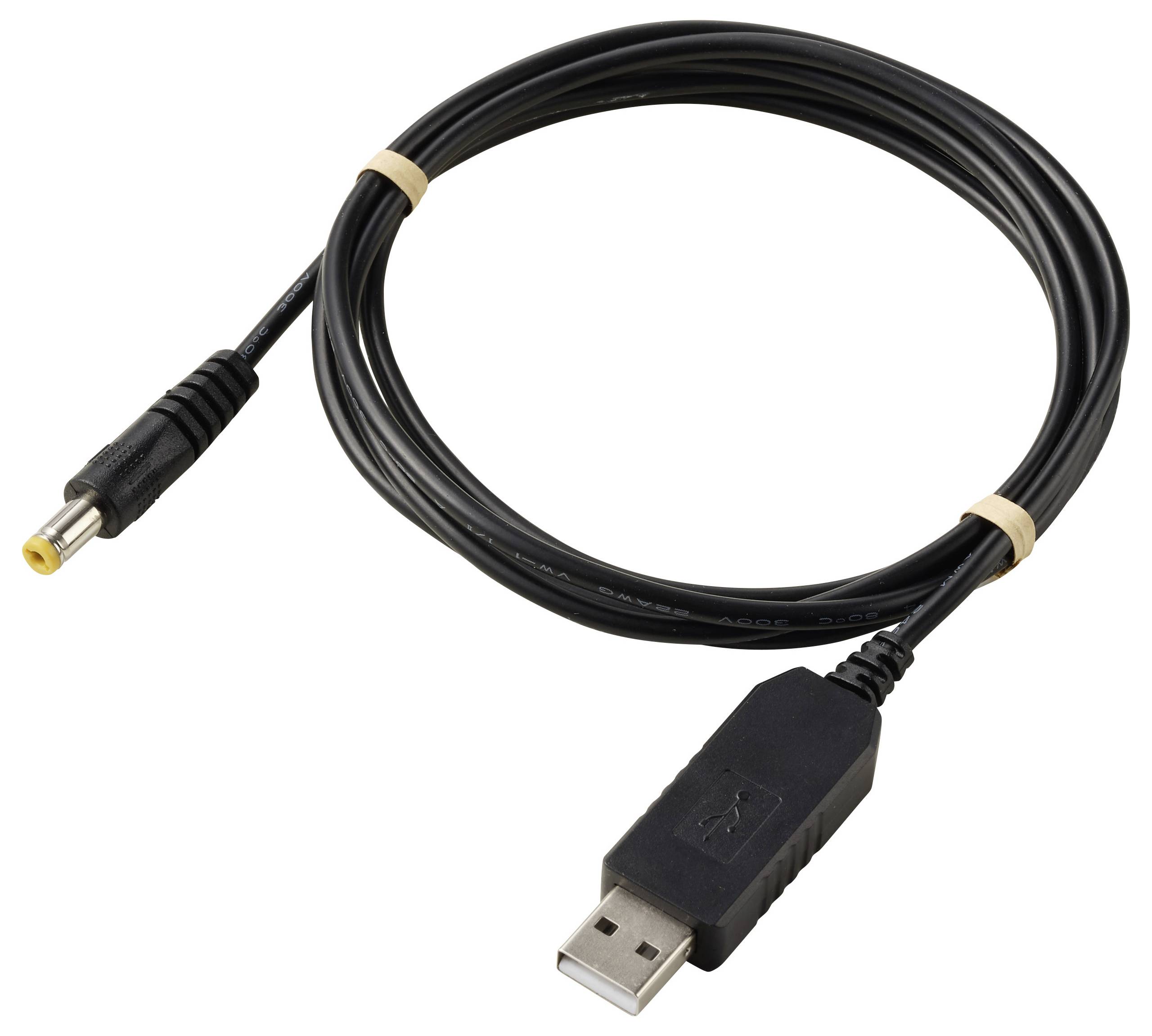 Schwarzes USB-zu-DC-Stromkabel, aufgerollt auf weißem Hintergrund, mit USB-A-Stecker an einem Ende und Rundstecker an dem anderen Ende.