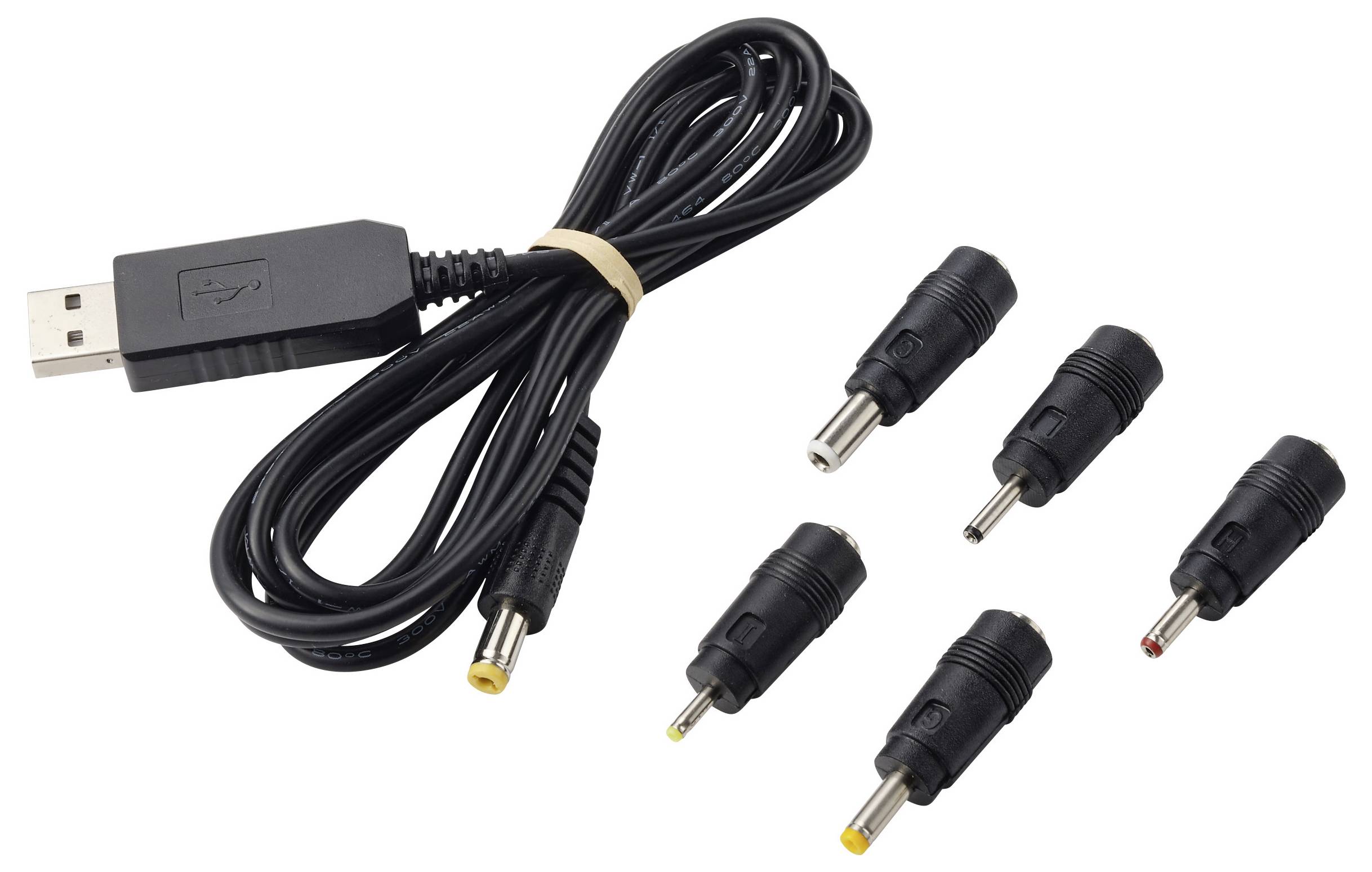 USB-Ladekabel mit USB-A-Stecker und fünf austauschbaren Gleichstrom-Hohlstecker-Adaptertips zum Betreiben von Geräten.