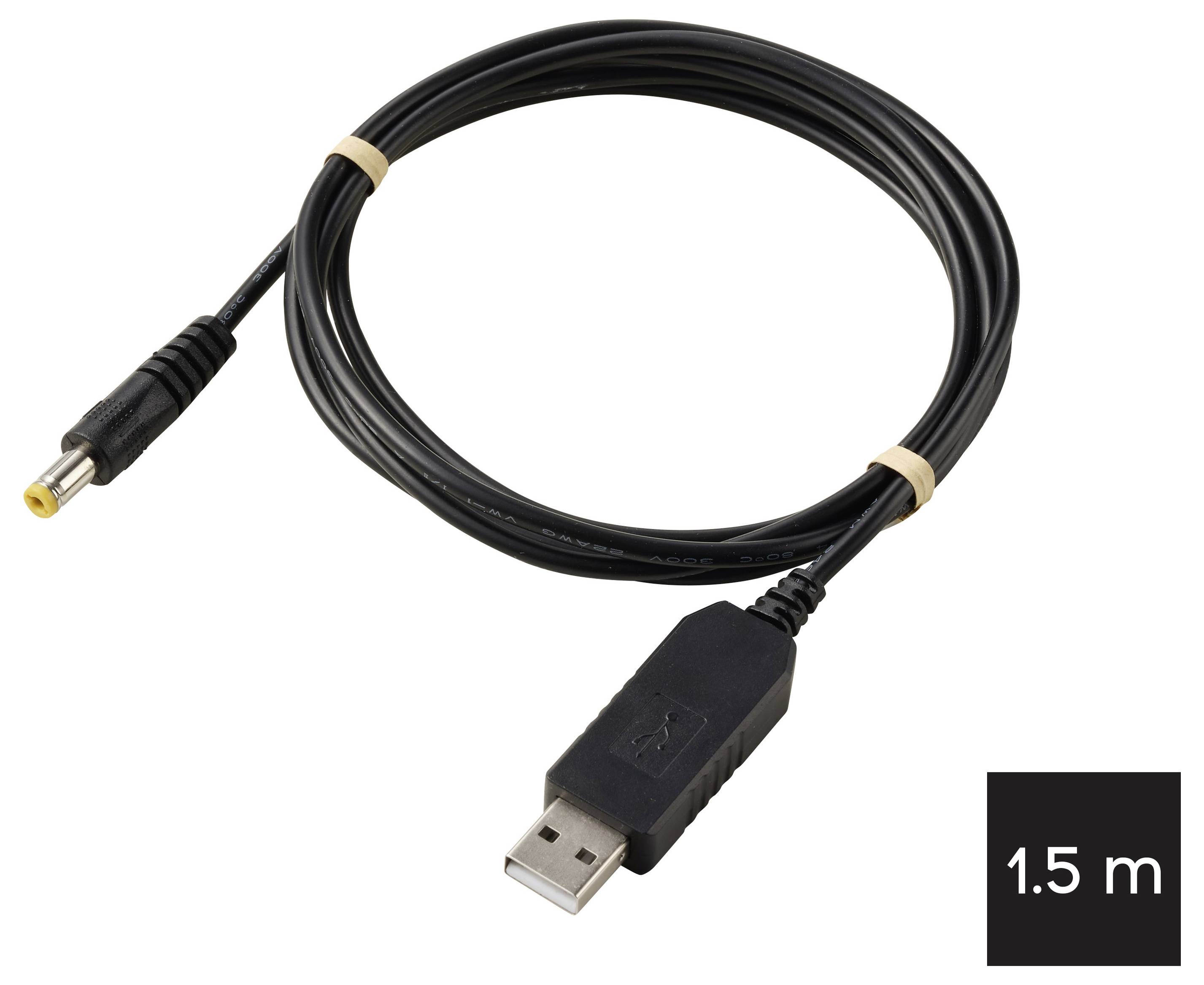 USB-Kabel mit USB-A-Stecker und rundem Barrel-Stromverbinder, gekennzeichnet mit 1,5 m.