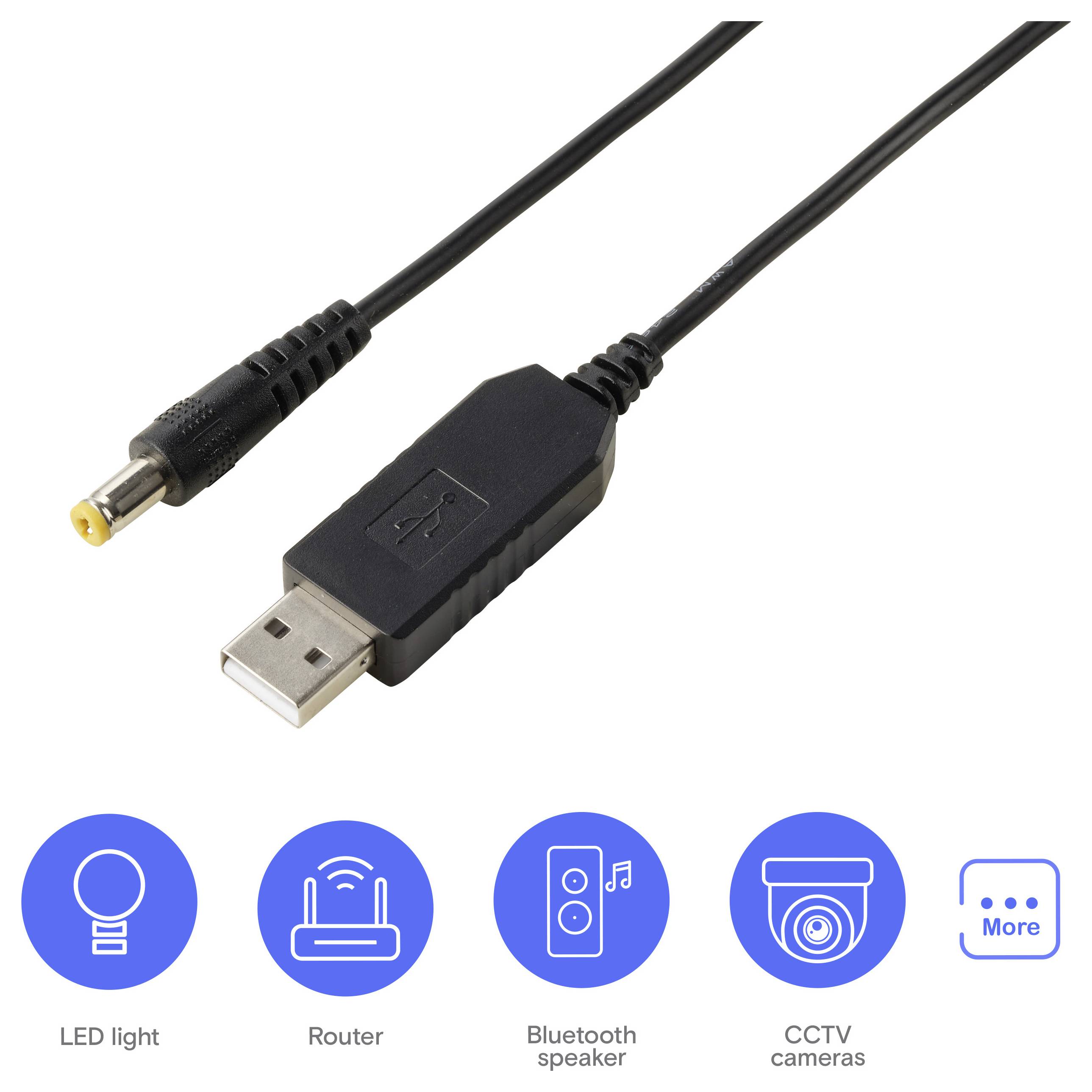 USB-Kabel mit DC-Hohlstecker und USB-A-Stecker mit Symbolen, die die beabsichtigte Verwendung für LED-Leuchten, Router, Bluetooth-Lautsprecher, CCTV-Kameras und mehr anzeigen.