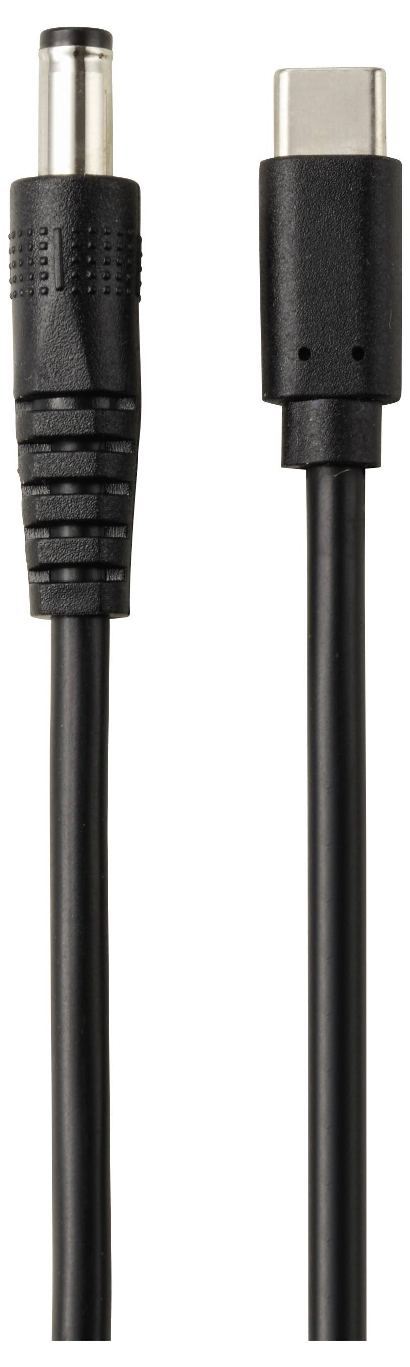 USB-C-Kabel mit einem Barrel-Stecker-Stromanschluss auf der linken Seite, gegen einen einfachen weißen Hintergrund dargestellt.