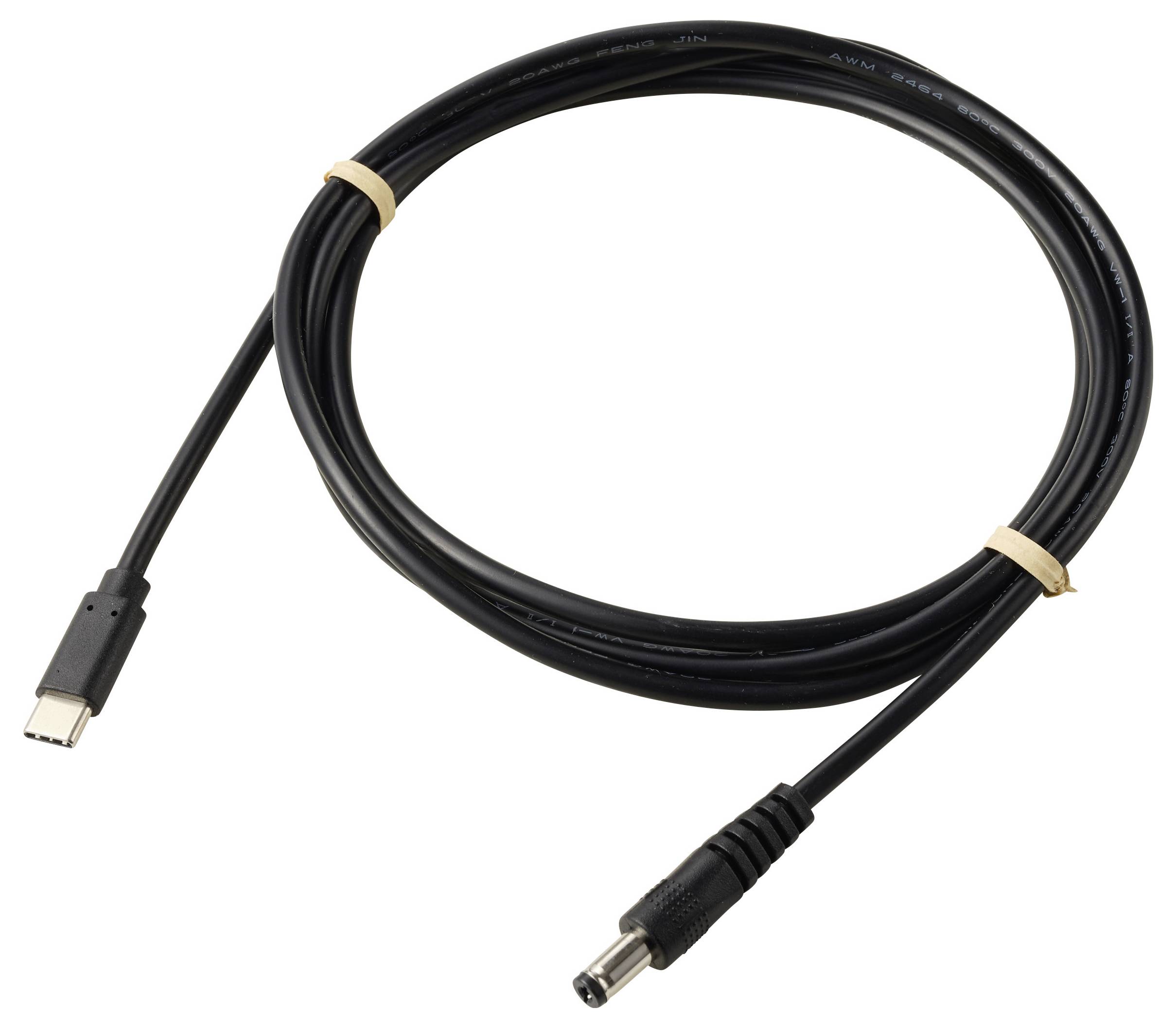Schwarzes USB-C-zu-Lauf-Stromkabel, aufgerollt auf weißem Untergrund, mit USB-C-Stecker auf der einen Seite und rundem Gleichstromstecker auf der anderen Seite.