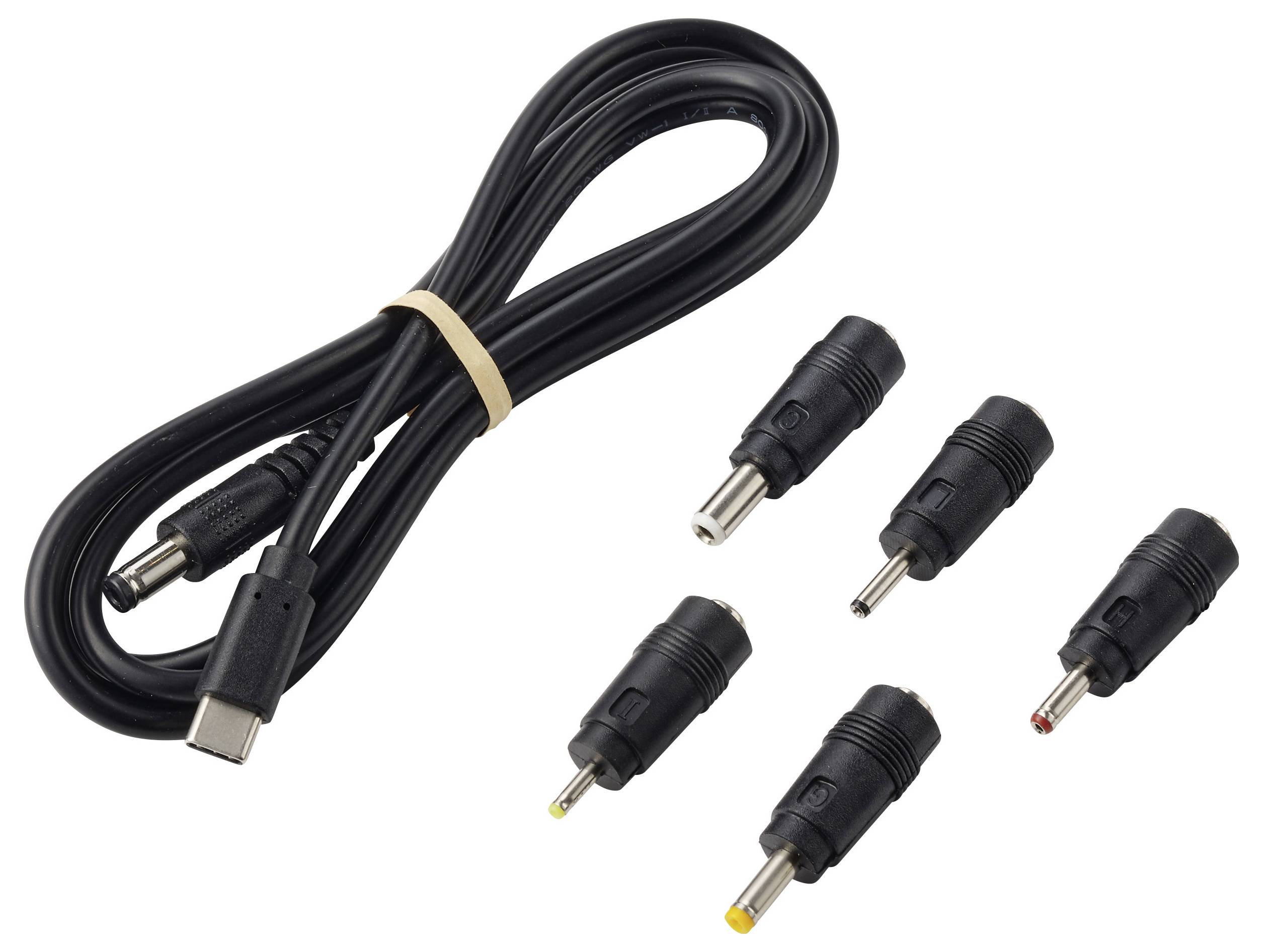 USB-C-Kabel mit fünf austauschbaren DC-Steckerspitzen auf weißem Hintergrund angezeigt.