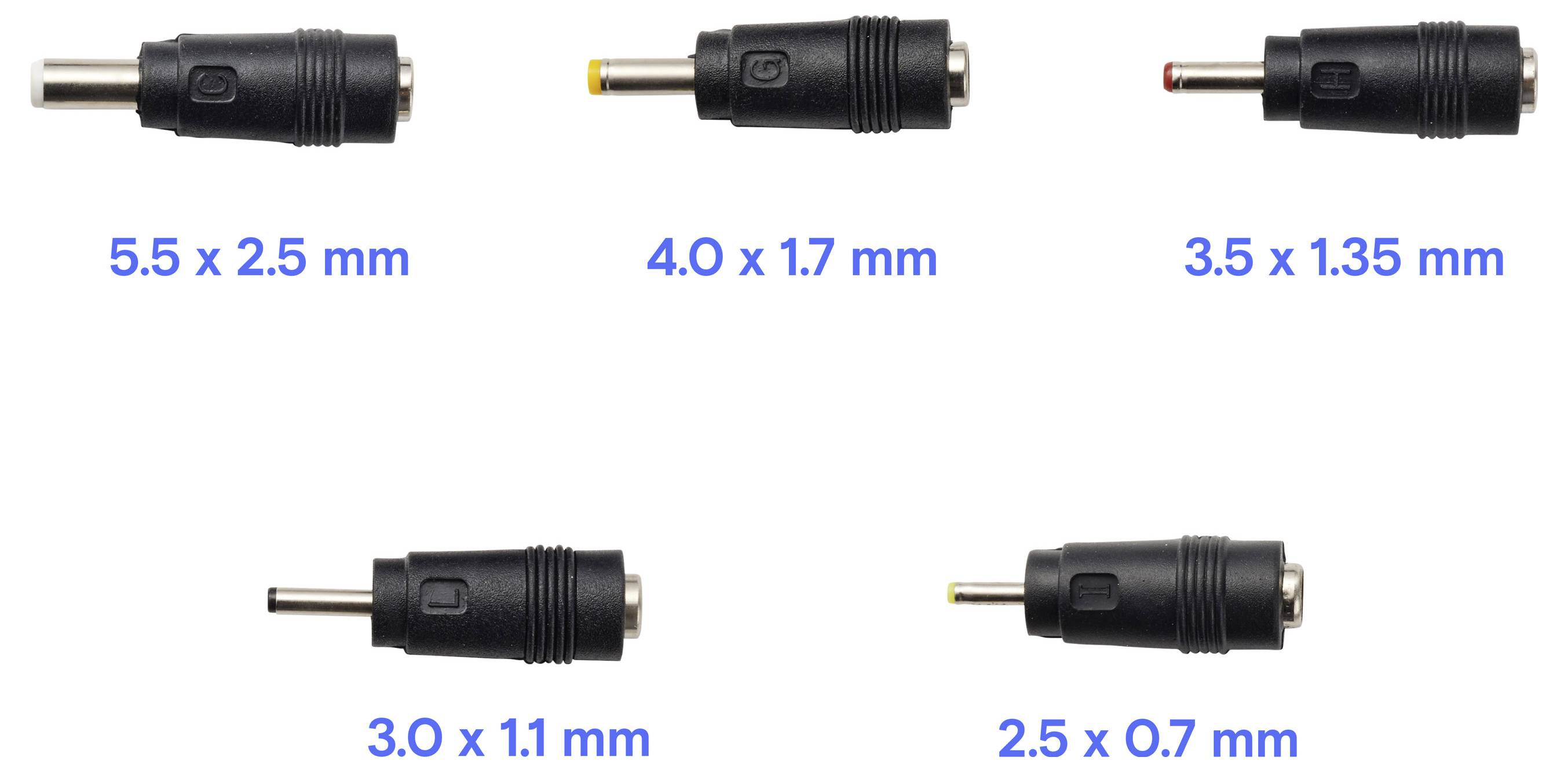 Diagramm mit fünf DC-Hohlsteckern in verschiedenen Größen, beschriftet mit 5,5 x 2,5 mm, 4,0 x 1,7 mm, 3,5 x 1,35 mm, 3,0 x 1,1 mm und 2,5 x 0,7 mm.