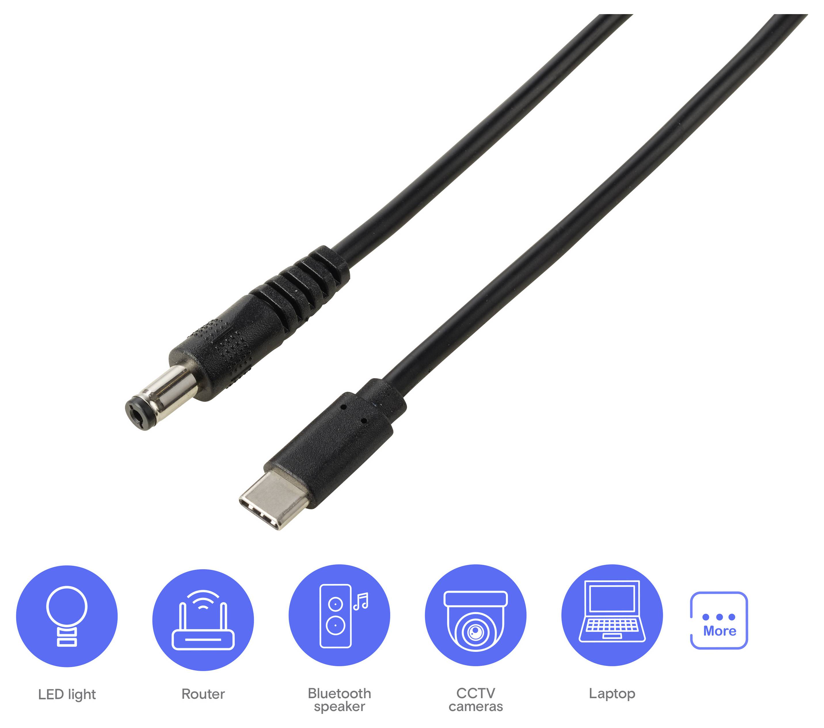 Schwarzes Kabel mit DC-Hohlstecker und USB-C-Anschluss, kompatibel mit LED-Leuchte, Router, Bluetooth-Lautsprecher, CCTV-Kamera und Laptop.
