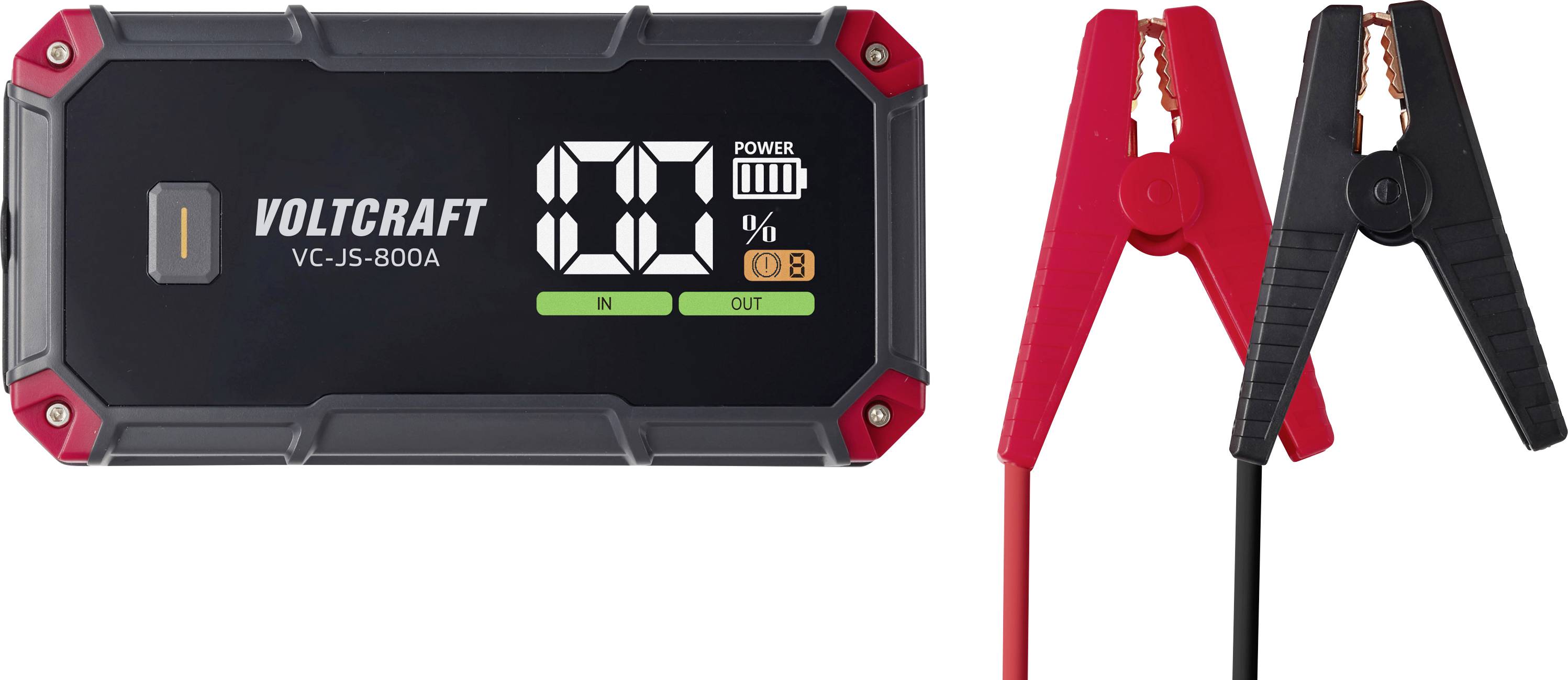 Tragbarer VOLTCRAFT VC-JS-800A Starthilfegerät mit digitalem Display und roten/schwarzen Batterieklemmen an Kabeln befestigt.