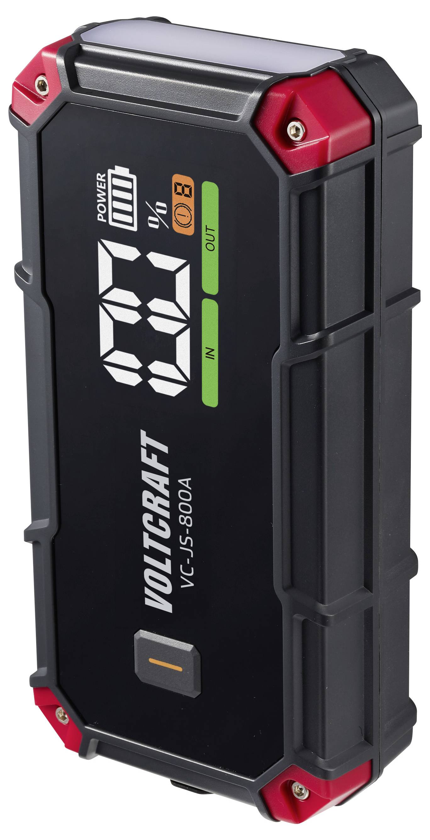 Schwarz-roter VOLTCRAFT VC-38-600A Batterietester mit digitaler Anzeige, Stromanzeige und AN/AUS-Beschriftungen.