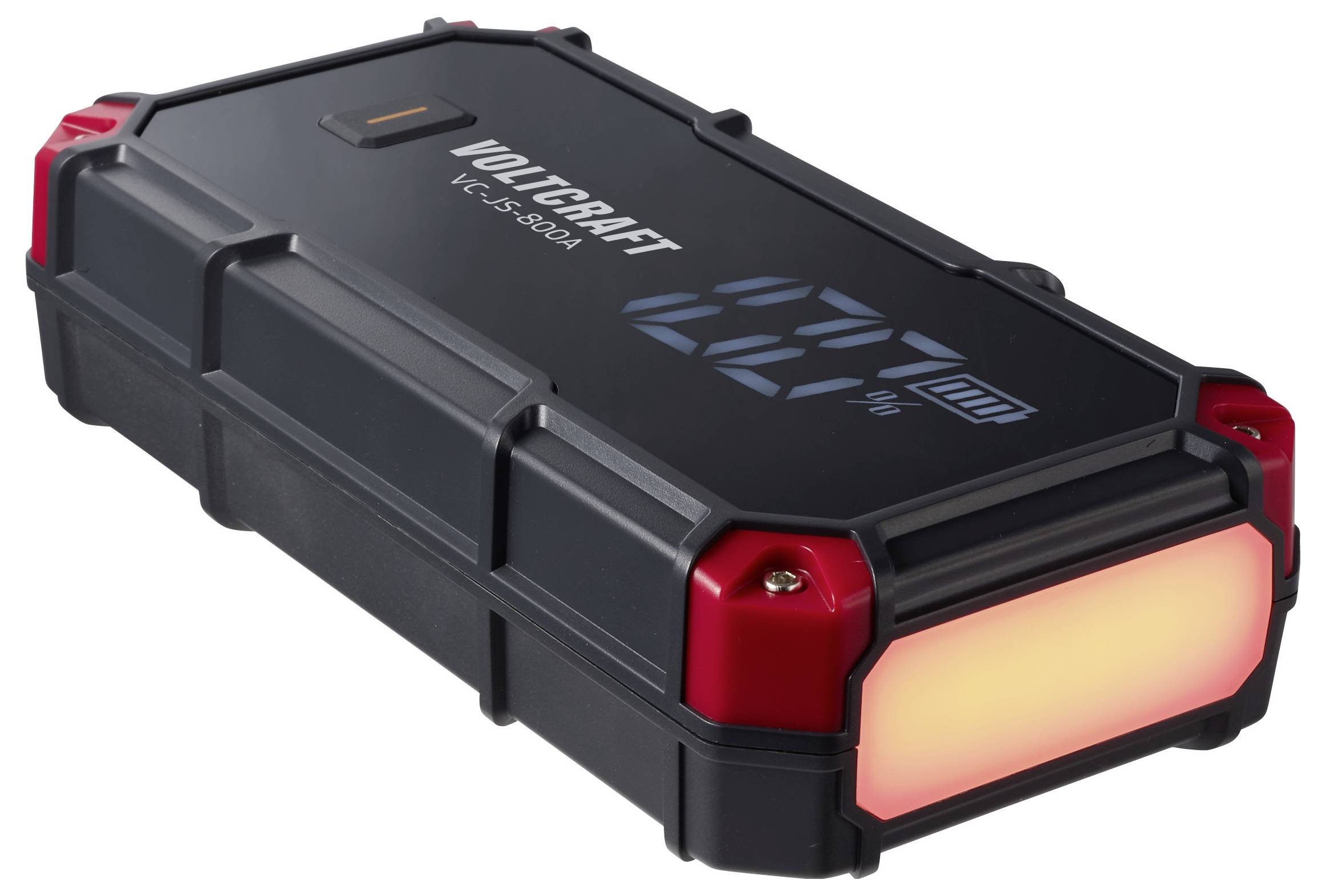 Schwarze und rote tragbare VOLTCRAFT-Powerbank mit LED-Display und leuchtender Frontleuchte, dargestellt auf weißem Hintergrund.
