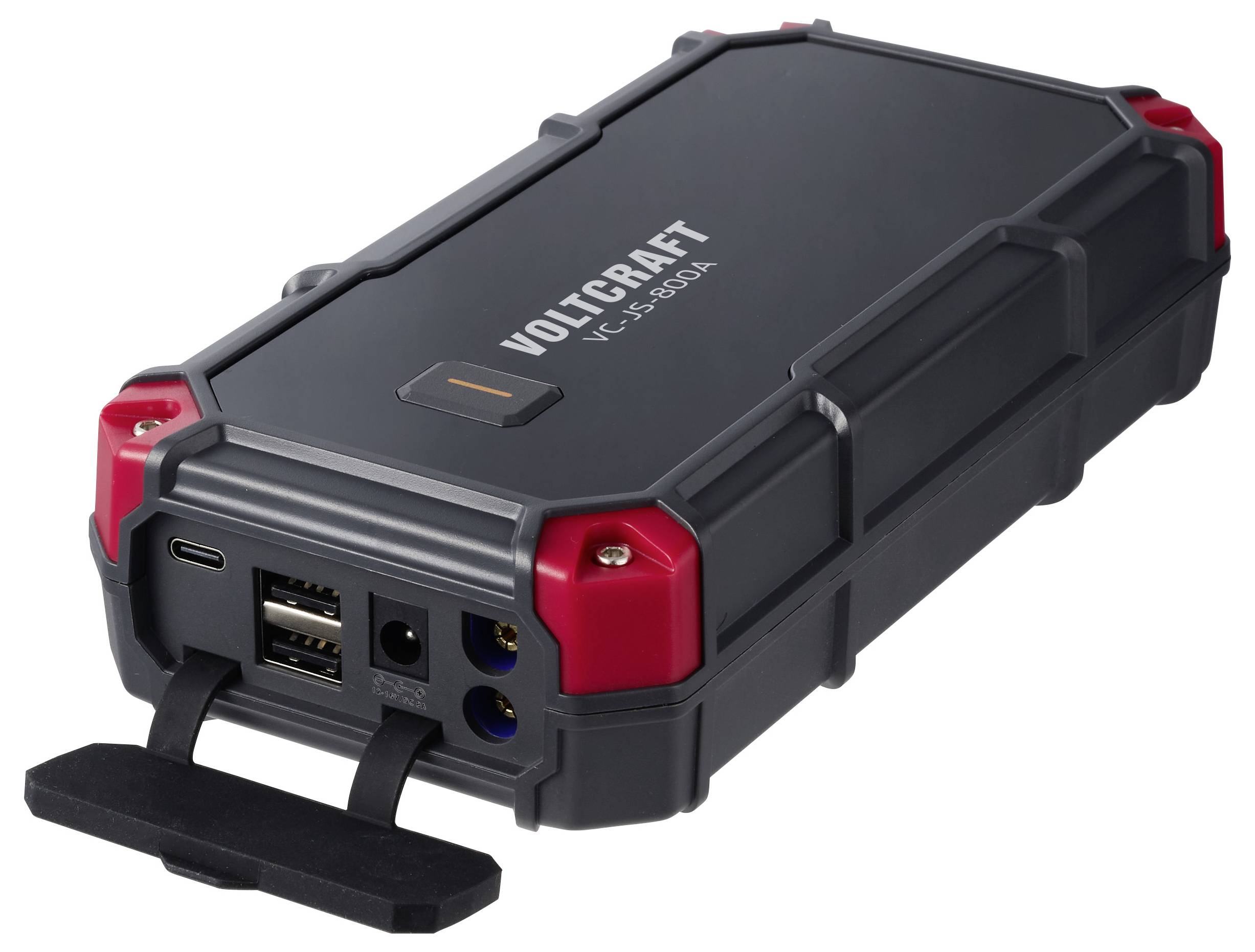 Tragbares VOLTCRAFT VC-5001 Batterie-Strompaket mit USB-Anschlüssen, DC-Ein-/Ausgangsbuchsen und Tragegriff.