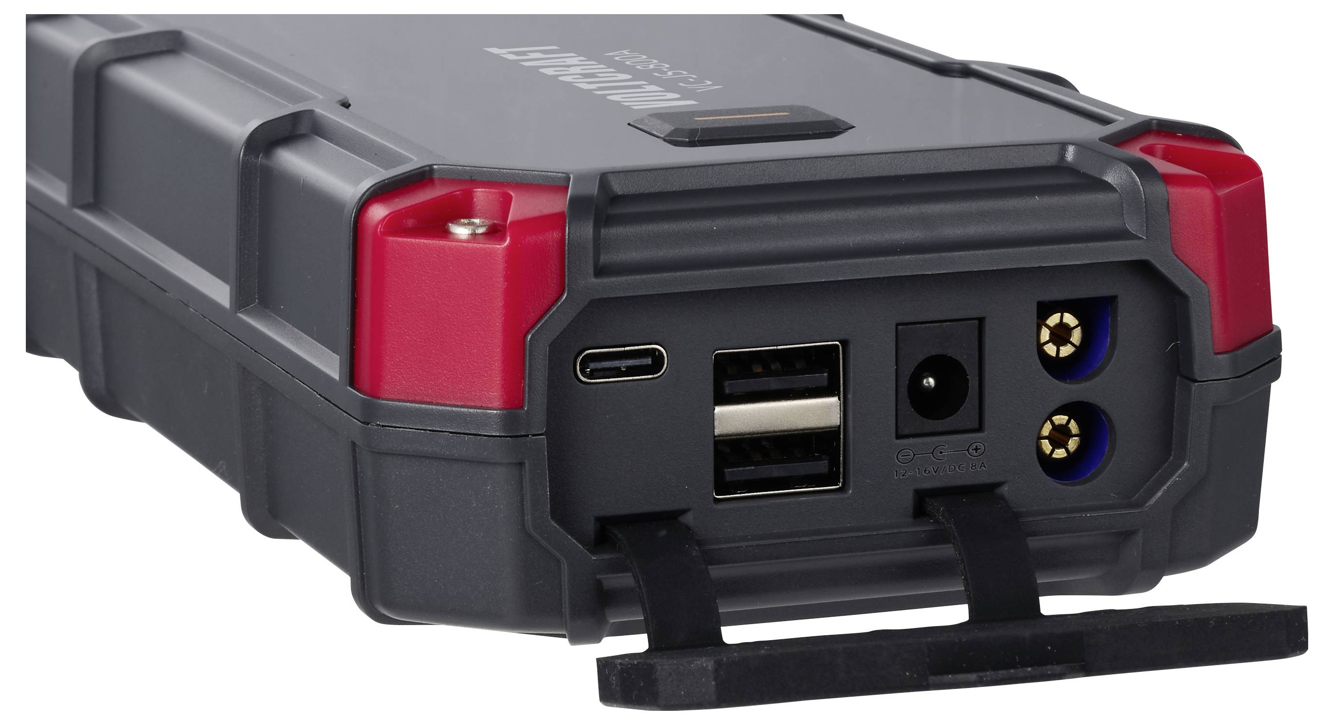 Tragbare Batterie-Stromstation mit USB-C, dualem USB-A, AC-Steckdose und DC-Anschlüssen, dargestellt auf weißem Hintergrund mit Tragegriff.