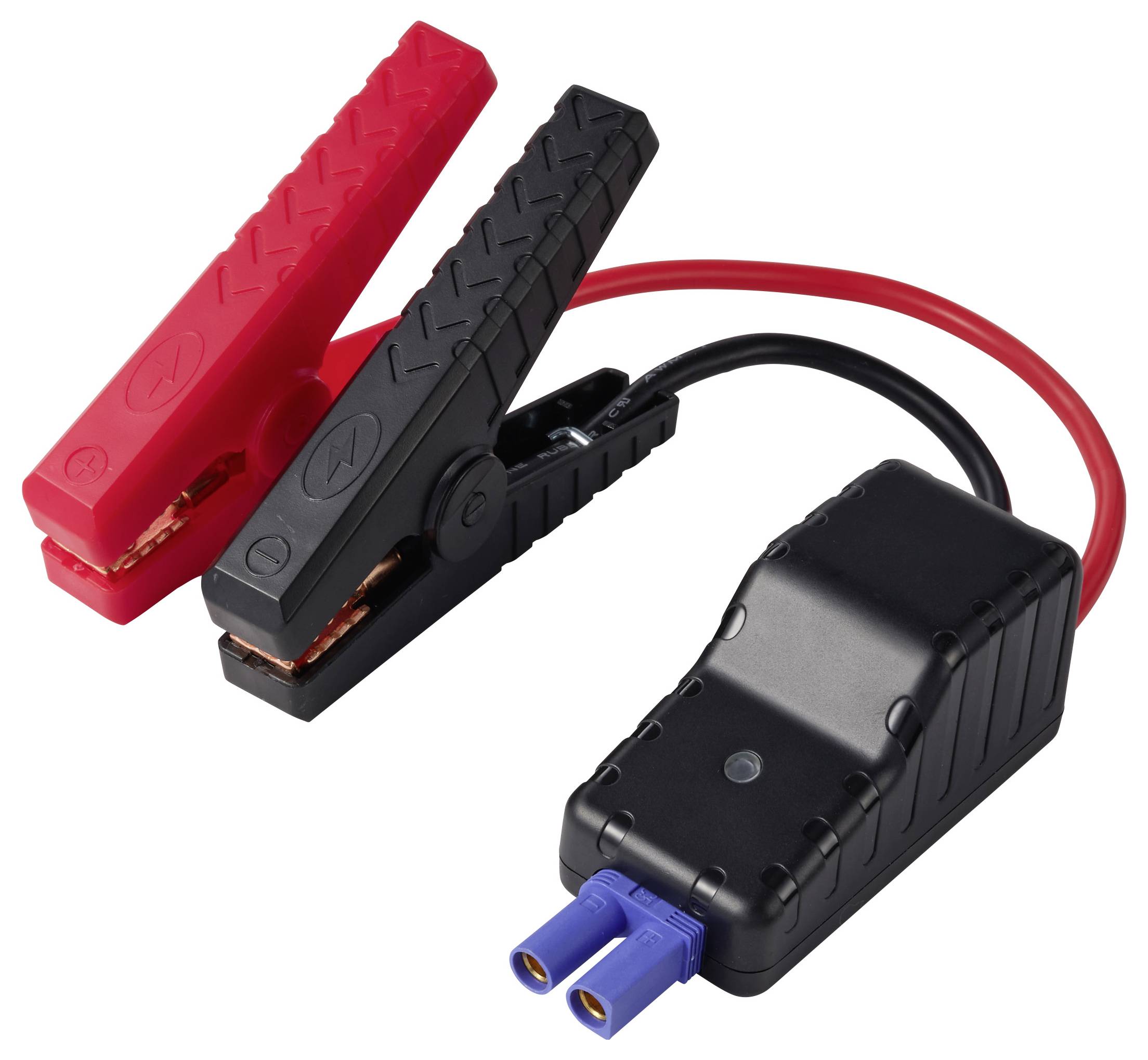 Batterie-Überbrückungskabel mit roten und schwarzen Krokodilklemmen, die mit einem schwarzen Adapter mit blauem Zwei-Pin-Stecker verbunden sind.