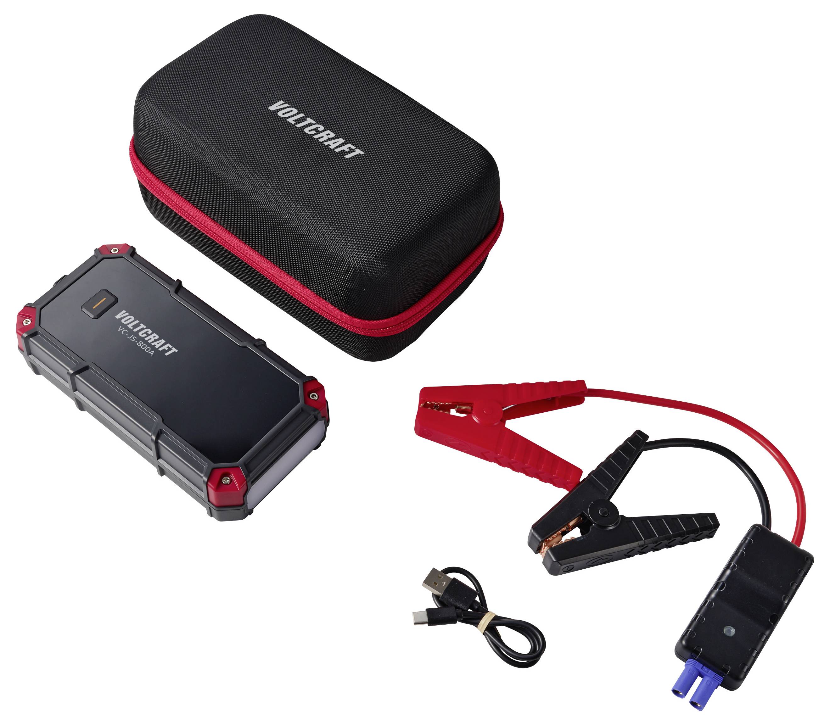 Voltcraft tragbarer Starthilfebooster mit Hartschutzkoffer, Klemmkabel, USB-Ladekabel und Stromadapter.