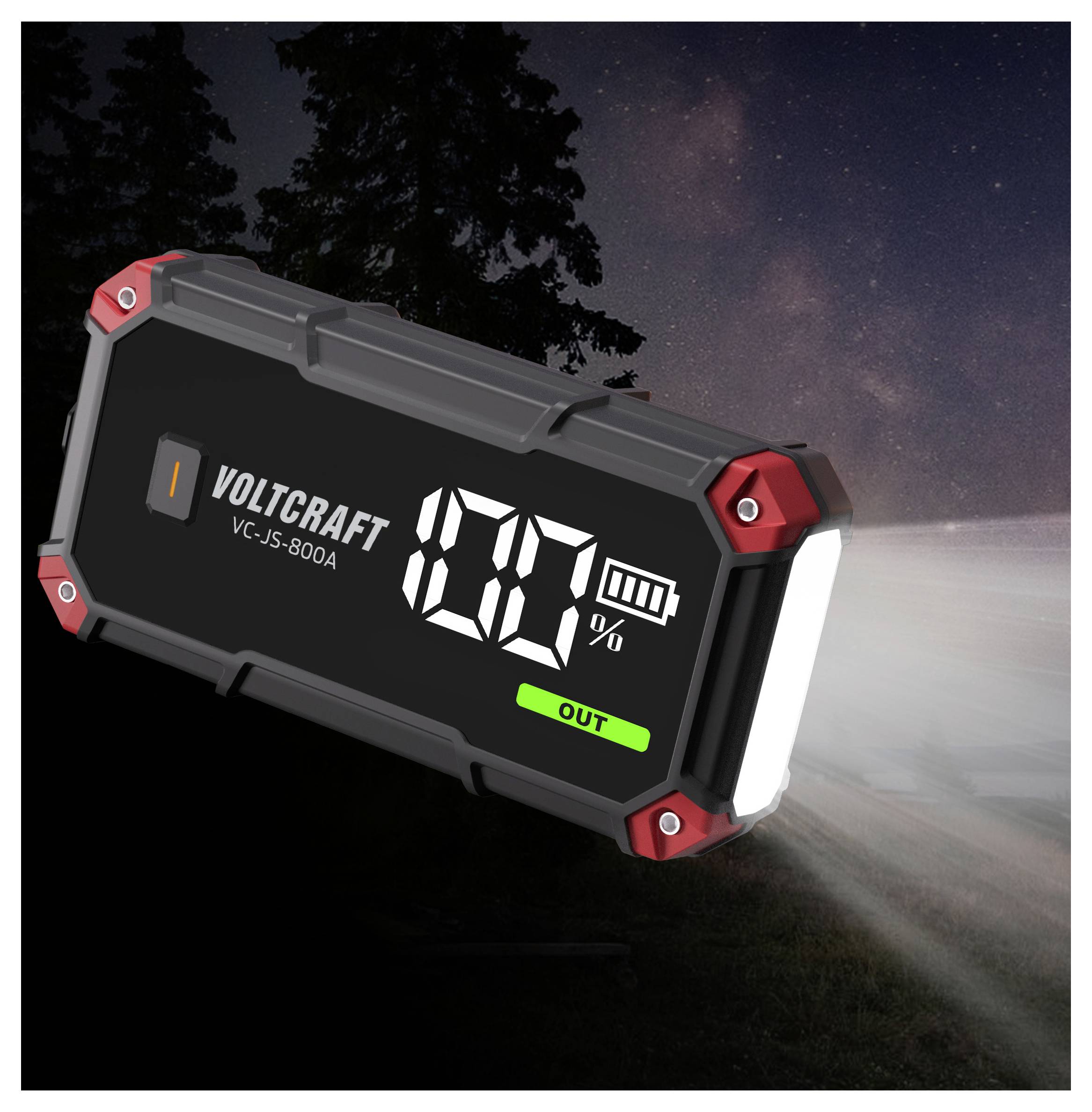 Tragbarer VOLTCRAFT Starthilfegerät mit LED-Licht und digitaler Batterieanzeige mit 0%-Anzeige, dargestellt vor einer nächtlichen Straßenszene.