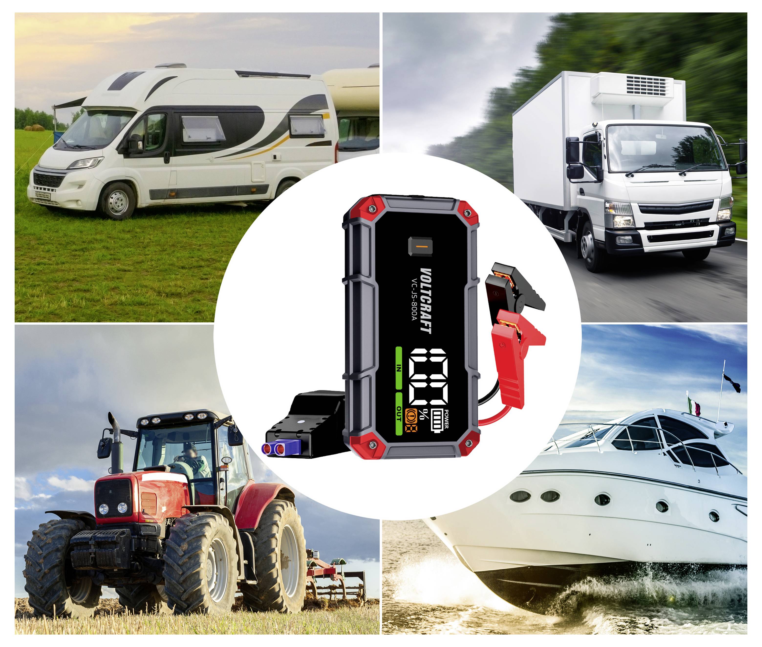 Tragbarer Starthilfegerät, dargestellt mit Wohnmobil, Lastkraftwagen, Traktor und Boot, was die Verwendung zum Starten von Fahrzeugen und Ausrüstungen suggeriert.