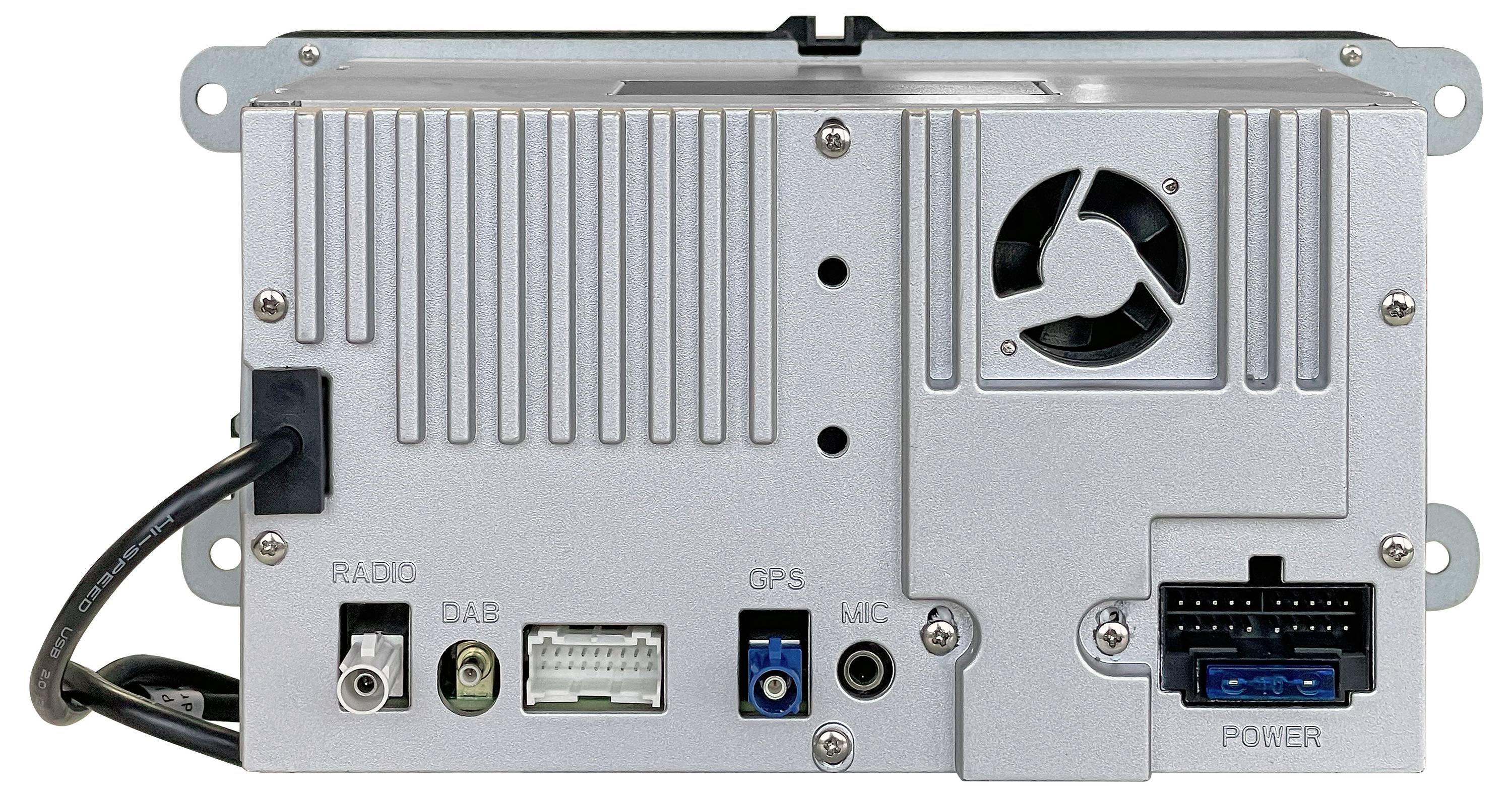 Die Rückseite eines elektronischen Geräts mit beschrifteten Anschlüssen 