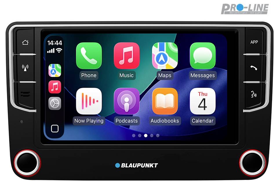 Blaupunkt PRO-LINE Autoradiosystem-Display mit App-Symbolen wie Telefon, Musik, Karten und Nachrichten, mit Uhrzeit und Datum.