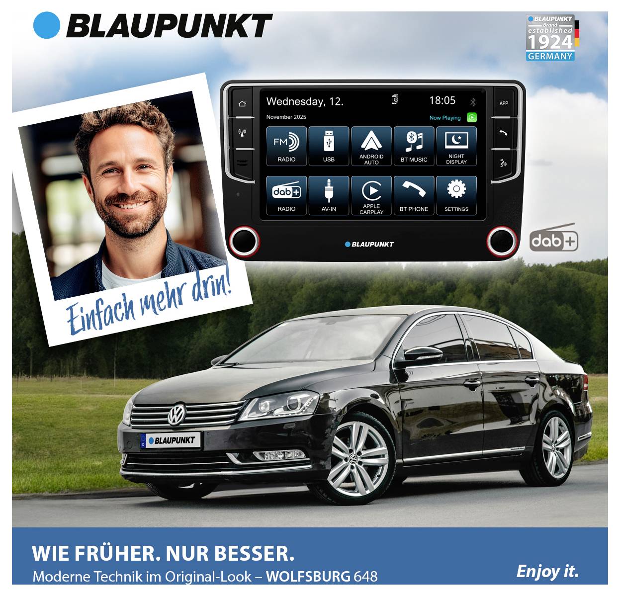Mann neben einem VW-Passat und einem Blaupunkt-Autoradio. Text: 'Einfach mehr drin!'. Slogan: 'Wie früher. Nur besser. Moderne Technik im Original-Look.'