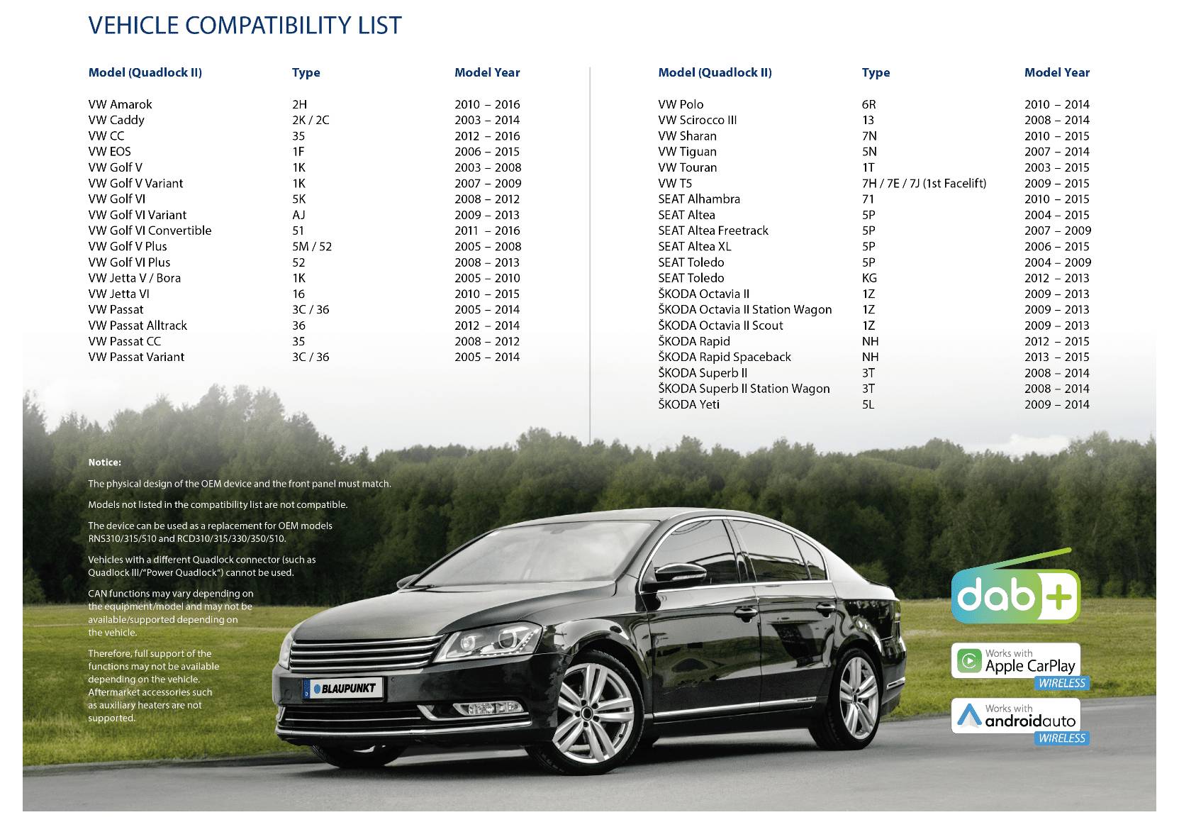 Elegante schwarze Limousine auf Gras geparkt mit einer Fahrzeugkompatibilitätsliste für verschiedene Modelle und Jahre. Logos für dab+, Apple CarPlay und Android Auto werden angezeigt.