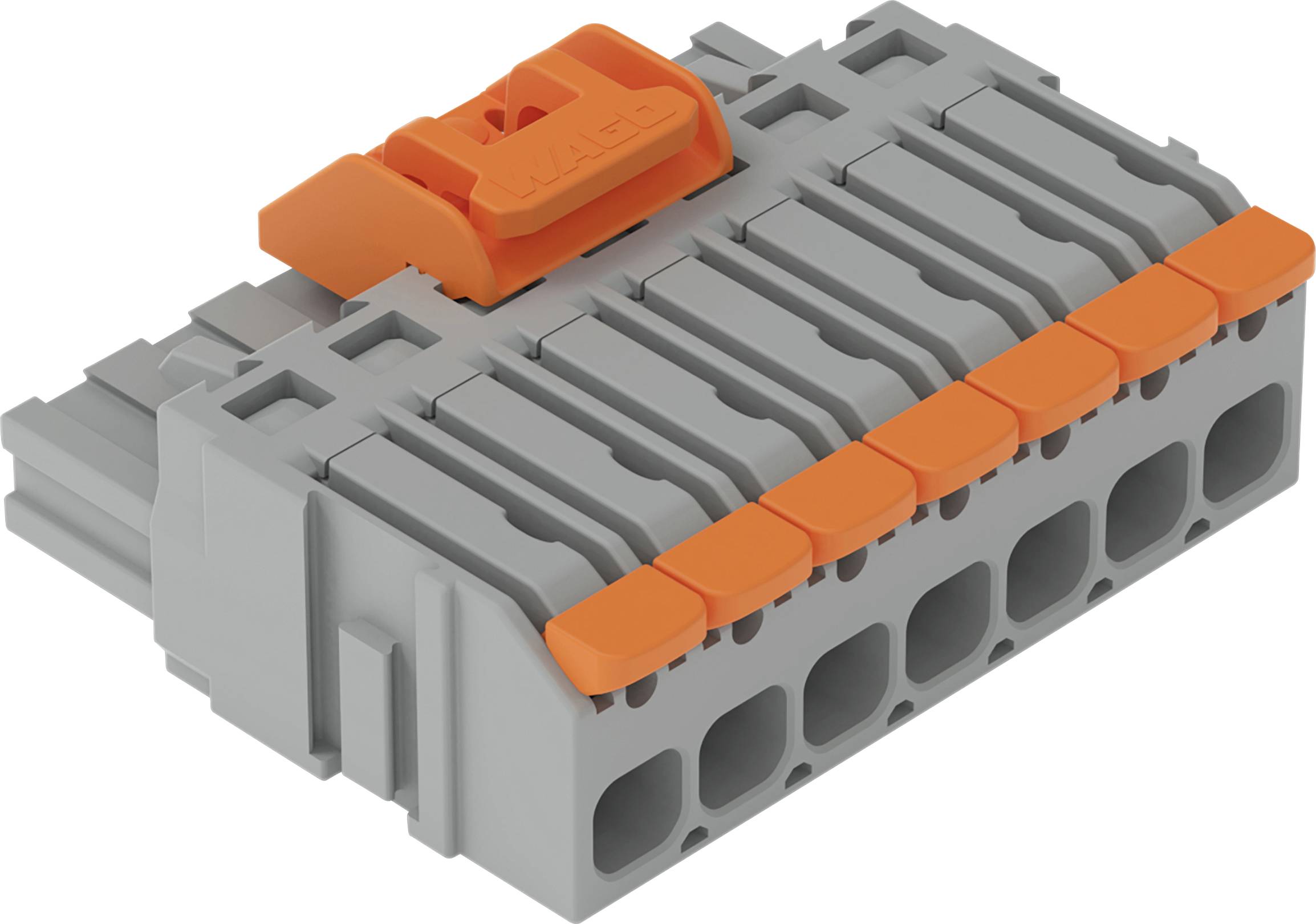 Ein grauer und orangefarbener elektrischer Stecker mit mehreren schraubenlosen Klemmen, der zum Organisieren und Sichern von elektrischen Drähten in Schaltkreisen verwendet wird.