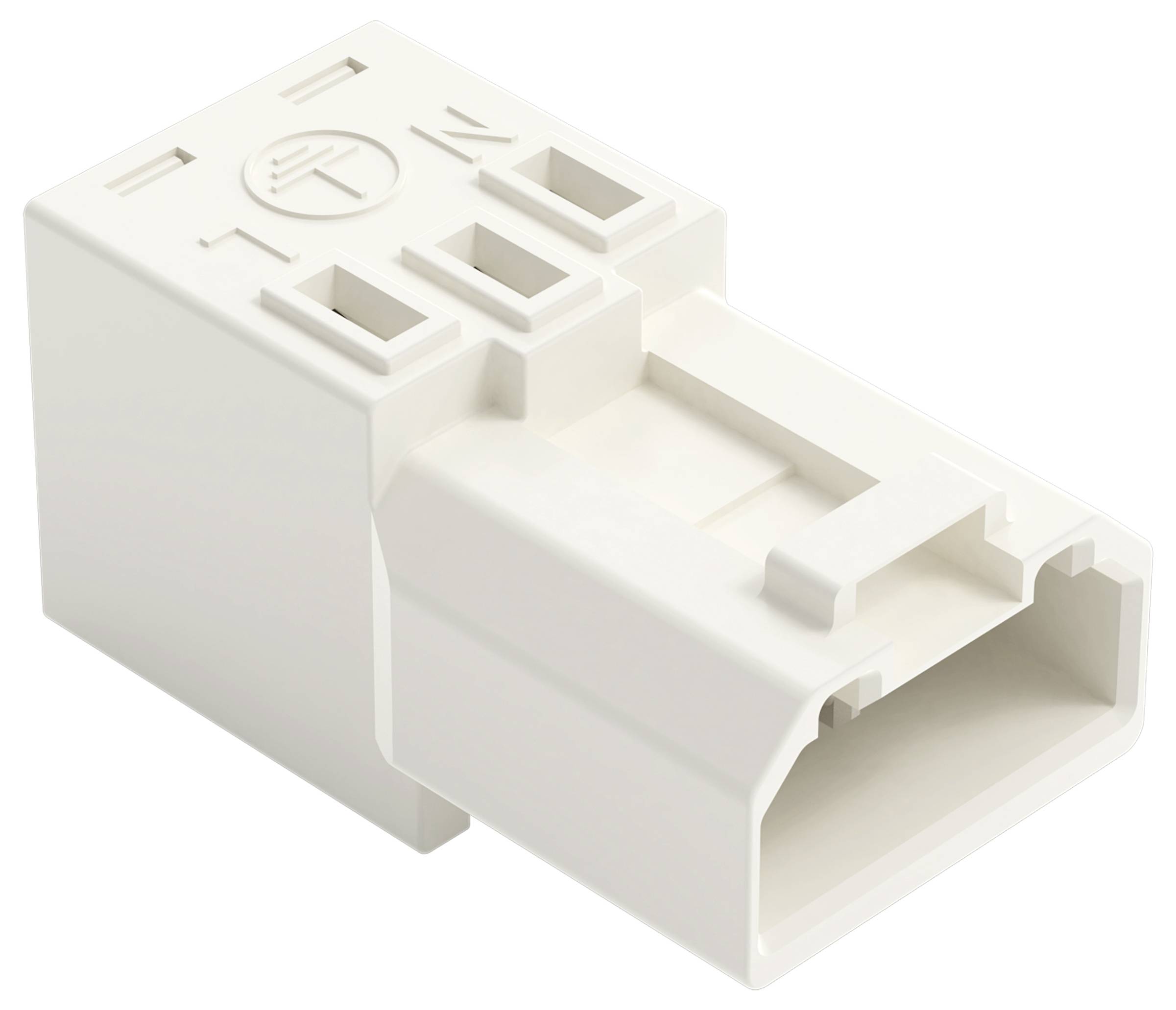 Ein weißer elektrischer Anschlussblock mit drei rechteckigen Anschlüssen und einem oberen Bereich mit der Aufschrift "ON" und einem Symbol, das einem Kreis mit einer Linie ähnelt.