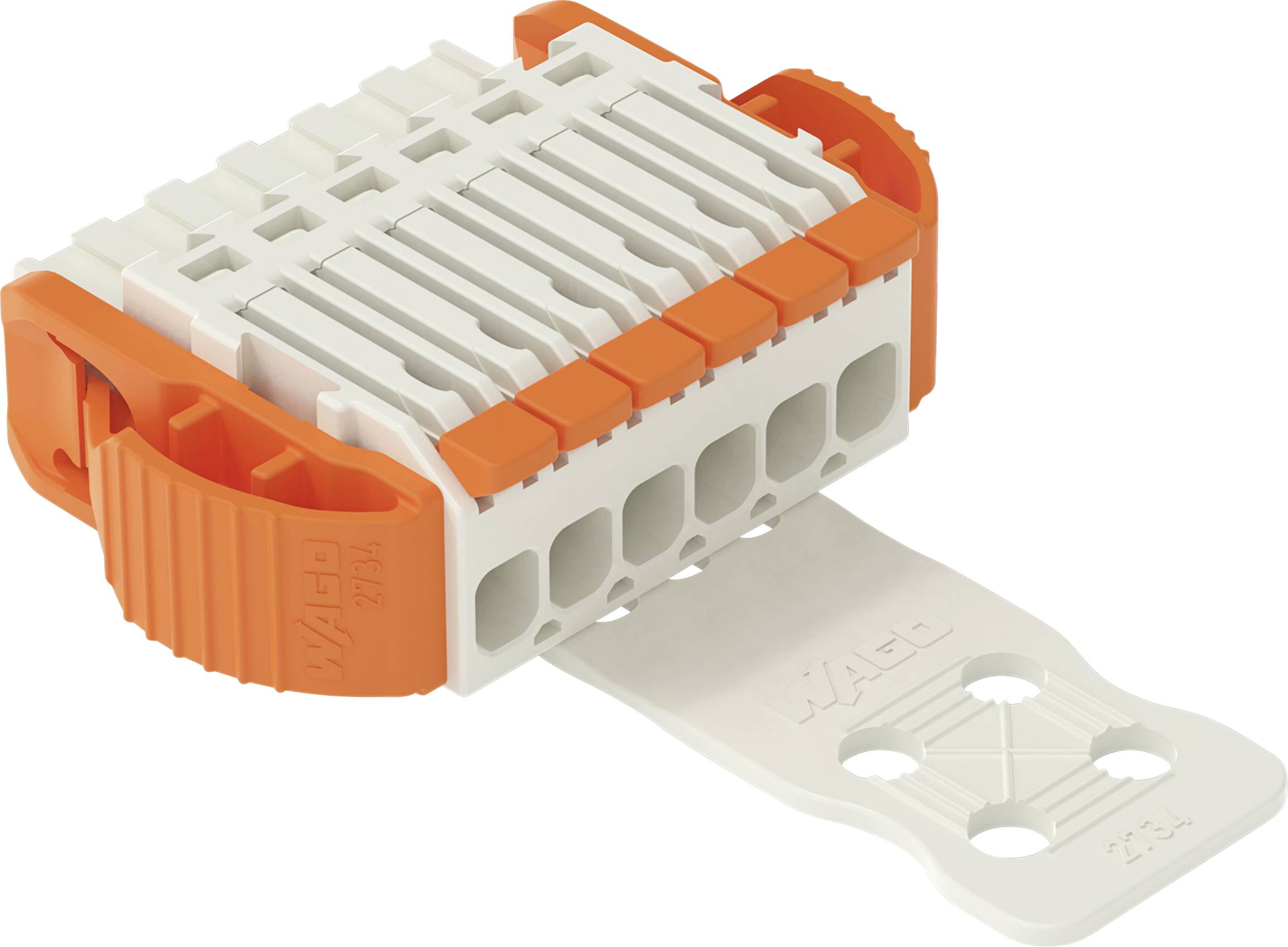 Ein orange-weiß gefärbter elektrischer Stecker mit mehreren Schlitzen für Drähte, der eine flexible, gelochte Befestigungslasche an einem Ende aufweist.