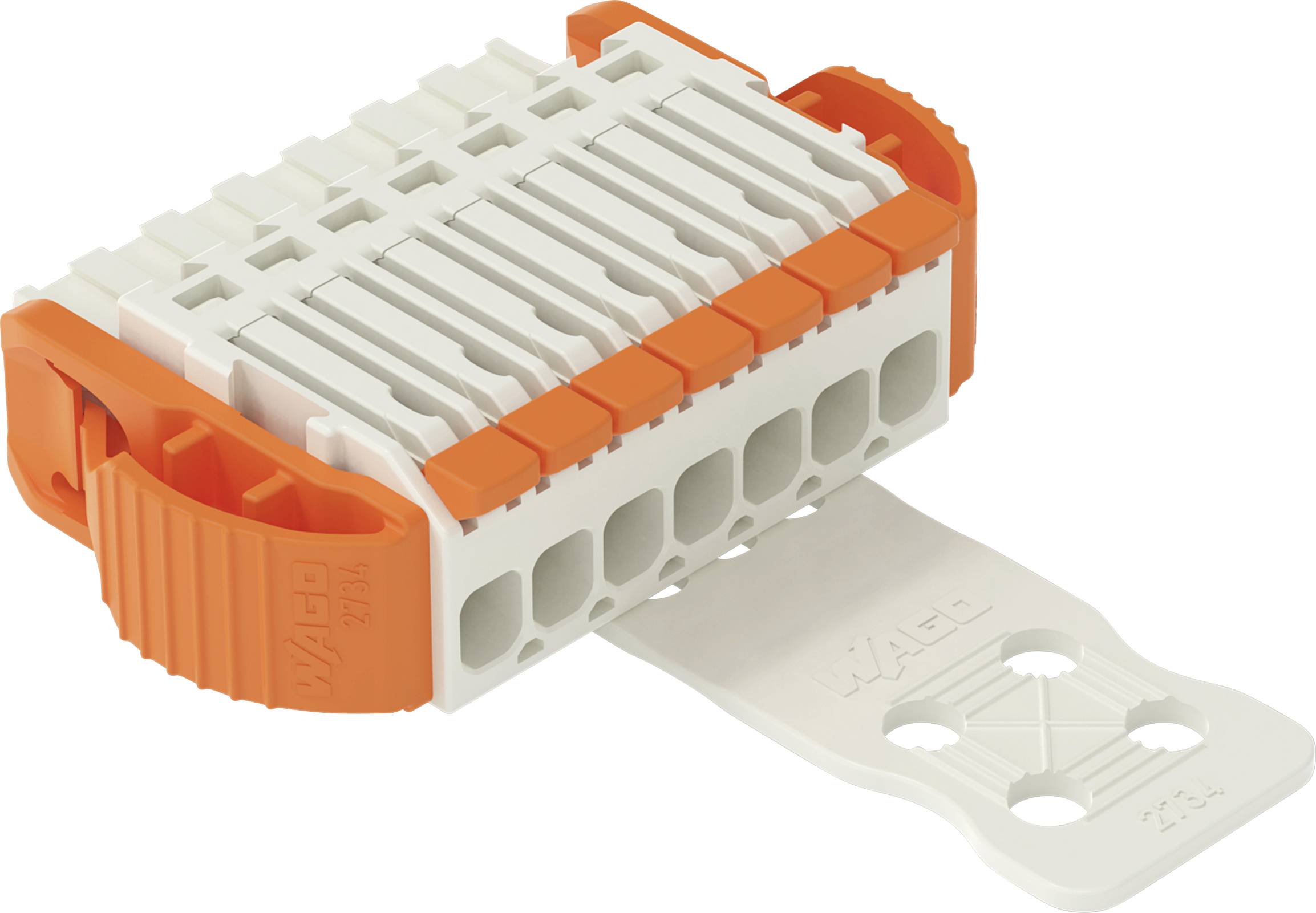 Weißer Stecker mit zehn Anschlüssen und orangefarbenen Hebeln auf der Oberseite, der zum Befestigen und Organisieren von Verkabelung in elektronischen Systemen verwendet wird.