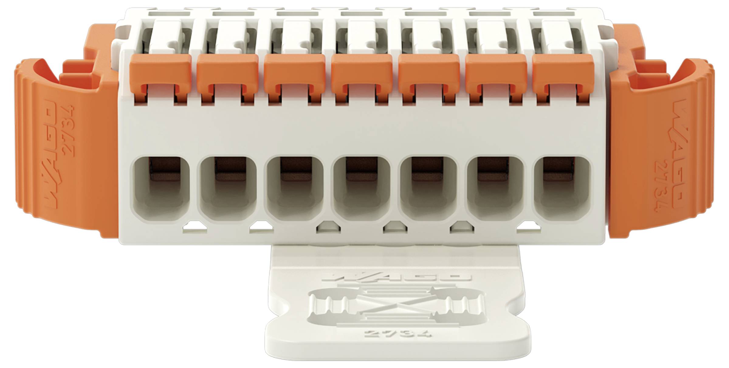 Ein weiß-orangefarbiger WAGO-Elektrostecker mit mehreren Schlitzen, entwickelt für sichere Drahtverbindungen in Elektroinstallationen.