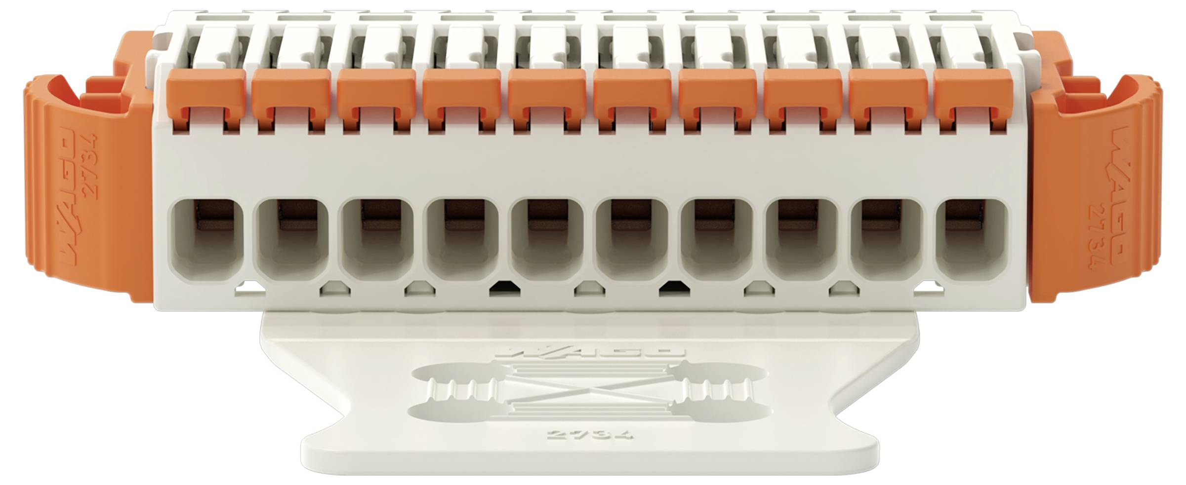 Ein kompaktes, rechteckiges Elektrik-Klemmblock mit orangefarbenen Hebeln und mehreren Anschlüssen auf beiden Seiten.