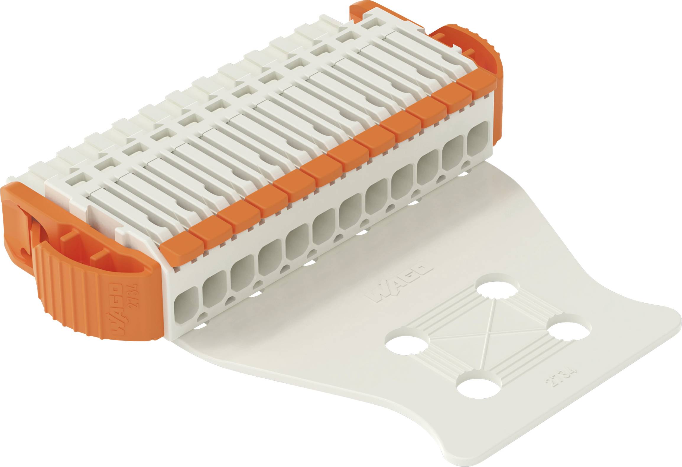 Ein weißer Kabelorganizer mit orangefarbiger Oberseite und mehreren Schlitzen für ordentliche Kabelorganisation.