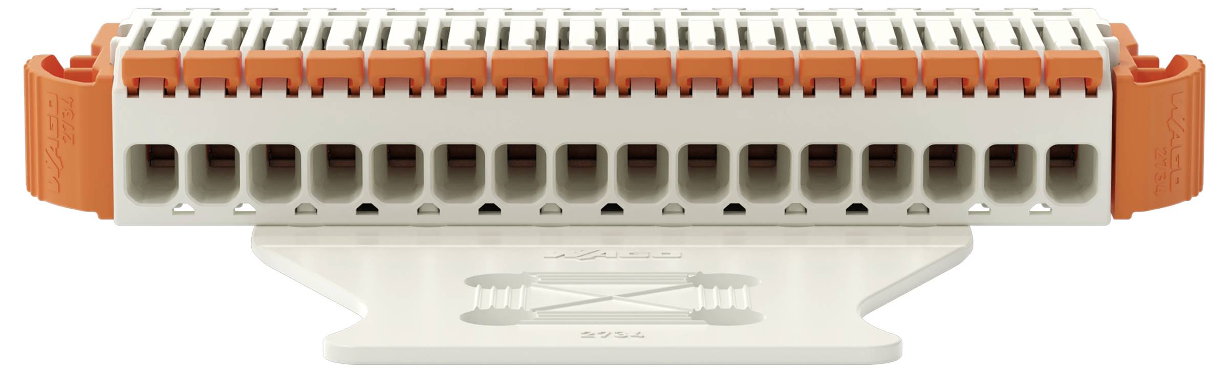 Ein Klemmenblock mit weißer Basis und orangefarbigem Hebelsystem, konzipiert für elektrische Verbindungen in Schaltschrankinstallationen.