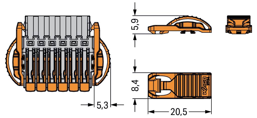 Technische Zeichnung eines elektrischen Steckers mit Abmessungen: 5,3 mm Breite, 5,9 mm Höhe, 8,4 mm Tiefe, 20,5 mm Länge.