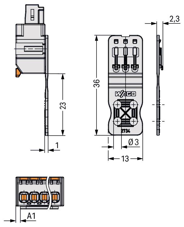 Eine technische Zeichnung zeigt die Abmessungen eines elektrischen Steckers. Seitenansicht: 23 mm Höhe, 2,3 mm Breite. Draufsicht: 3 mm Breite.