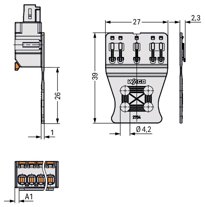 Technische Zeichnung eines elektrischen Steckers mit beschrifteten Abmessungen: 27 mm Breite, 39 mm Höhe, 26 mm Tiefe. Seitenansichten und ein Querschnitt sind enthalten.