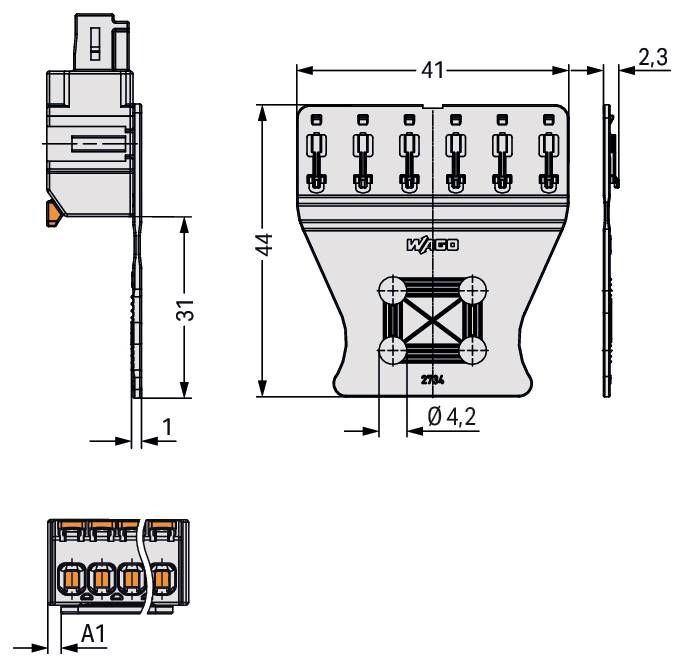 Eine technische Zeichnung eines elektrischen Steckers mit mehreren Ansichten. Die Abmessungen sind gekennzeichnet und zeigen eine Breite von 41mm und eine Höhe von 44mm.